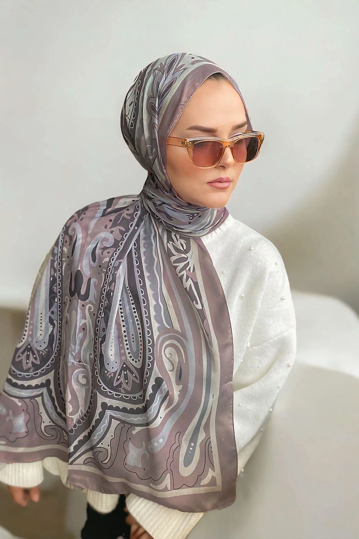 Bej 180x70 Etnik Desen Dijital Baskılı Pamuk Şal 323053