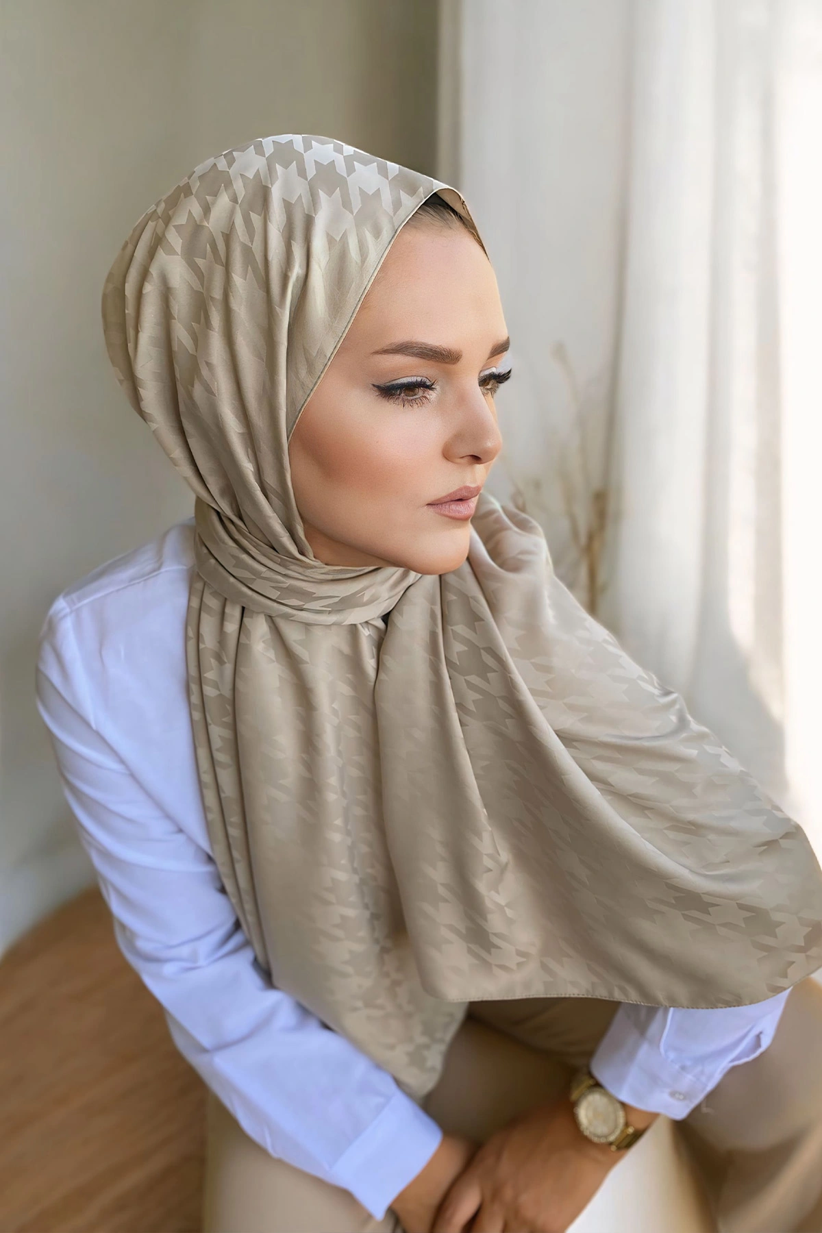 Bej 180x70 Jakar İpeksi Kazayağı Desen Şal 298245