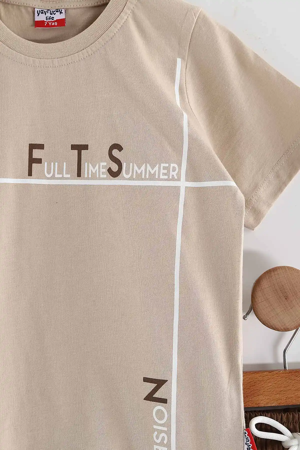 Bej (2-10 Yaş) Full Time Summer Baskılı Cep Detaylı  Şortlu Penye Erkek Çocuk Yazlık Takım 437846