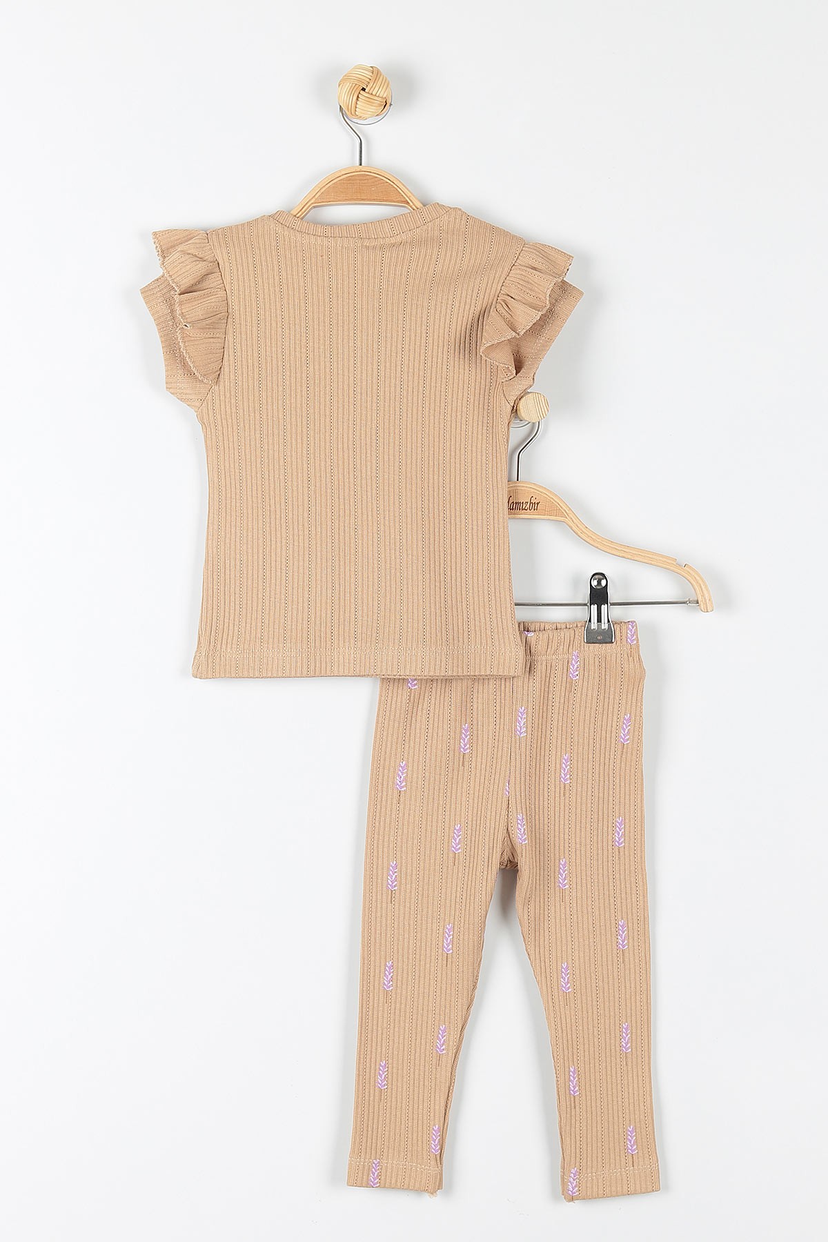Bej (2-5 Yaş) Çiçek Baskılı Kol Fırfırlı Kız Çocuk Takım 176266