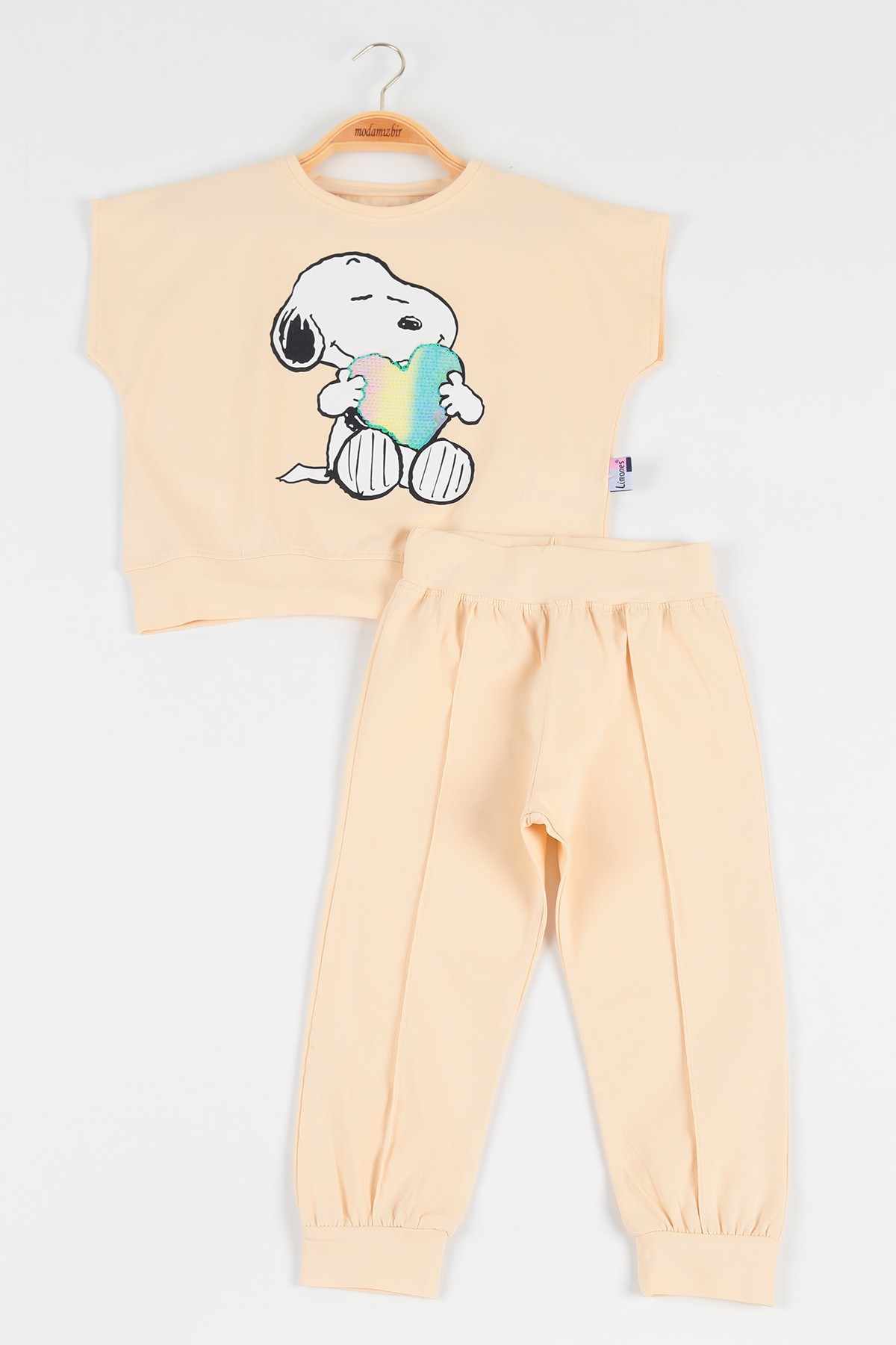Bej (2-5 yaş) Pul İşlemeli Kız Çocuk Pijama Takımı 115432