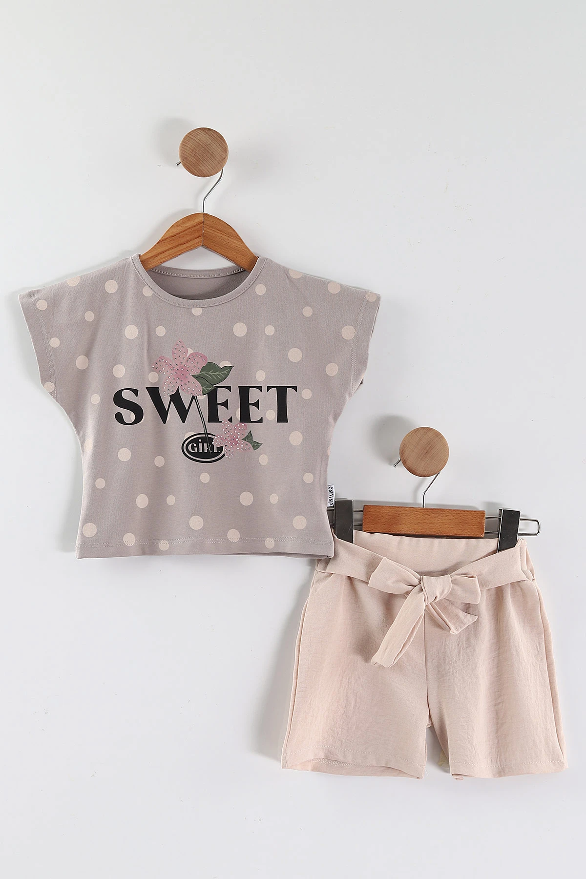 Bej (2-5 Yaş)Sweet Taş Baskılı Flam Keten Kumaş Şortlu Kız Çocuk Takım 451969