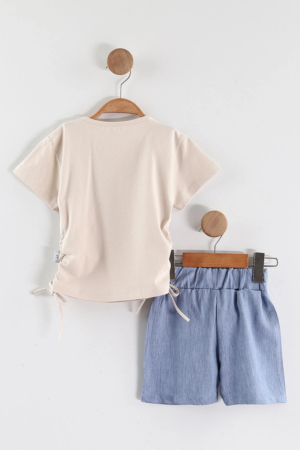Bej (2-5 Yaş)Taşlı Kalp Baskılı Tencel Şortlu Kız Çocuk Takım 436923