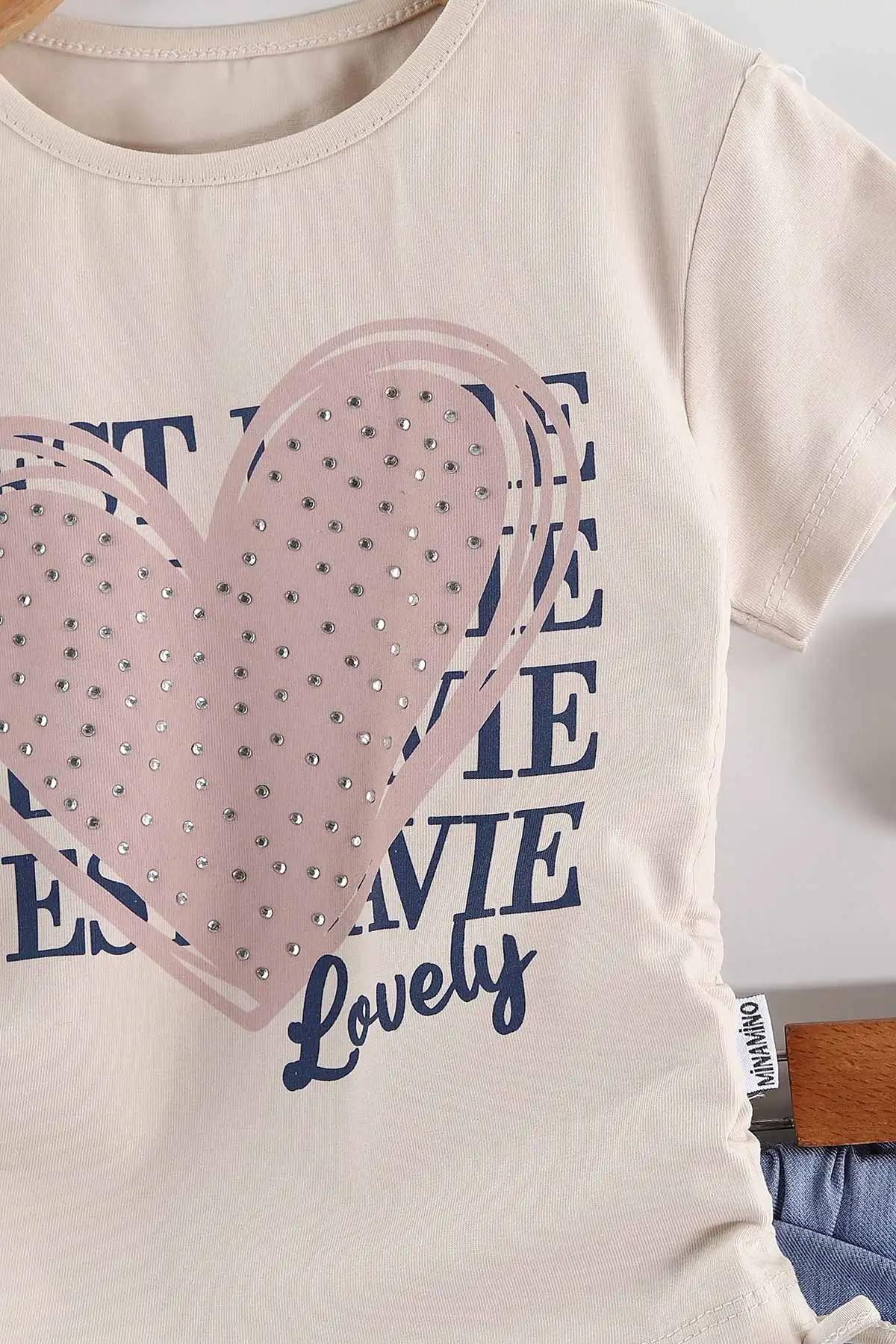 Bej (2-5 Yaş)Taşlı Kalp Baskılı Tencel Şortlu Kız Çocuk Takım 436923