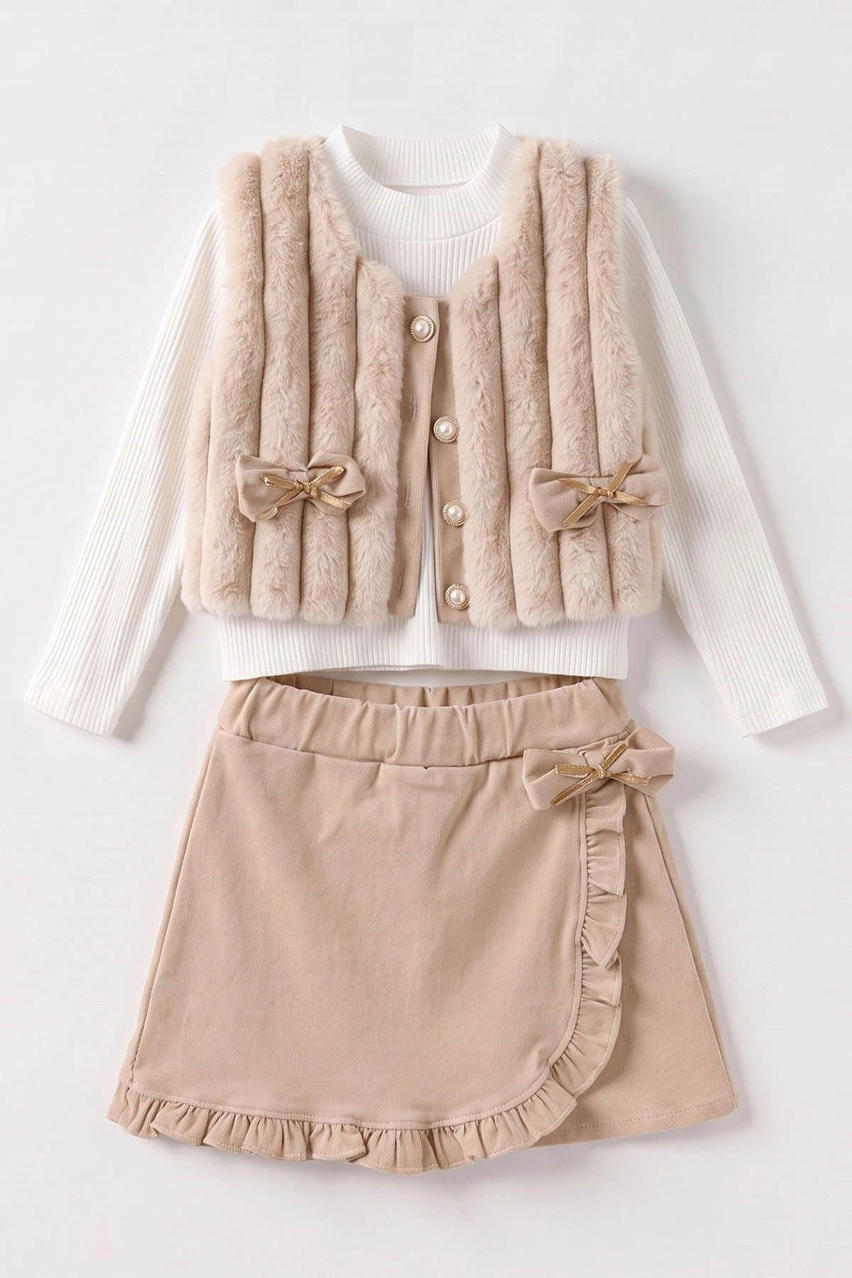 Bej (2-6 Yaş) Gabardin Şort Etekli Peluş Yelekli Kız Çocuk 3'Lü Takım 483645