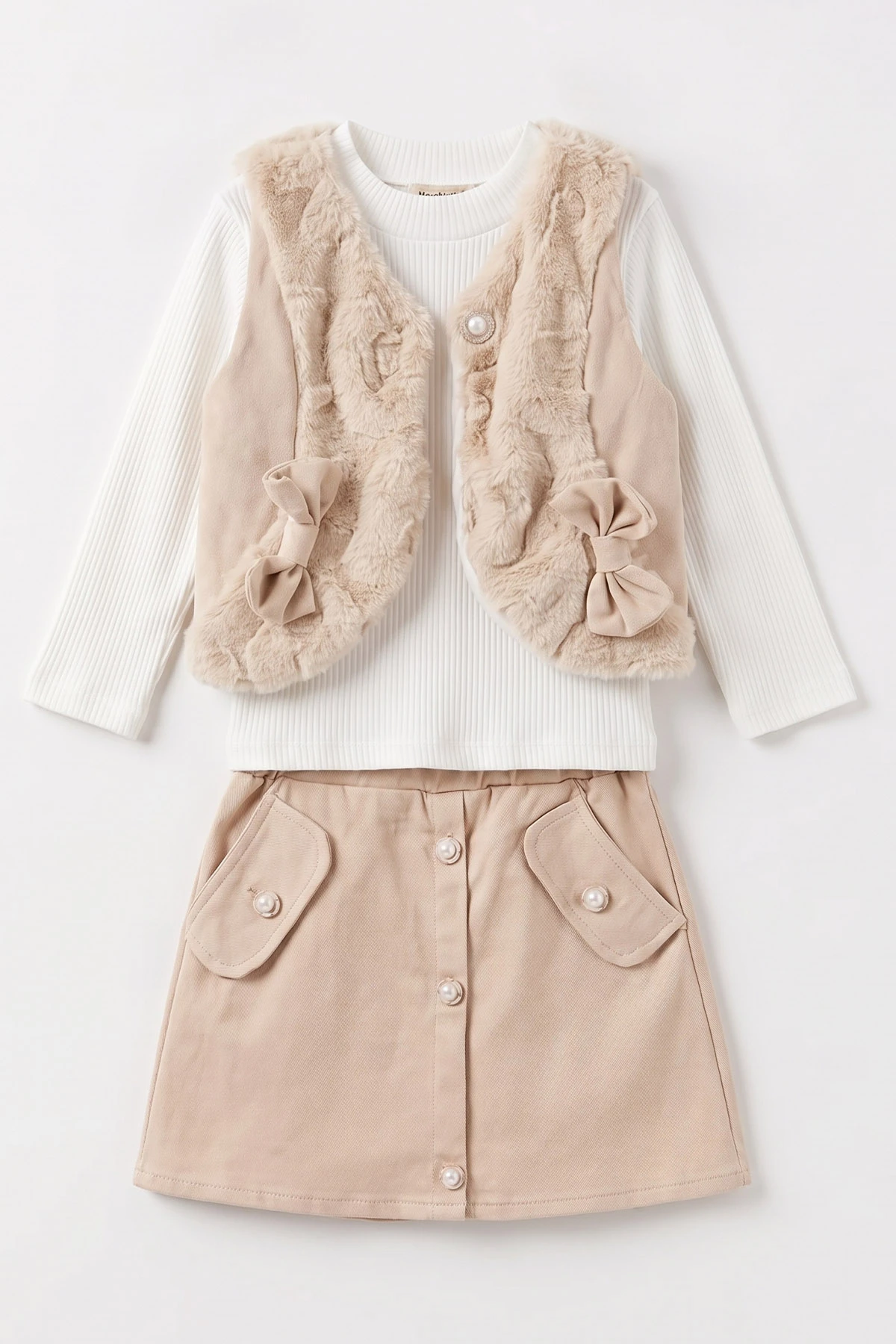 Bej (2-6 Yaş) Gabardin Şort Etekli  Peluş Yelekli Kız Çocuk 3'lü Takım 491156