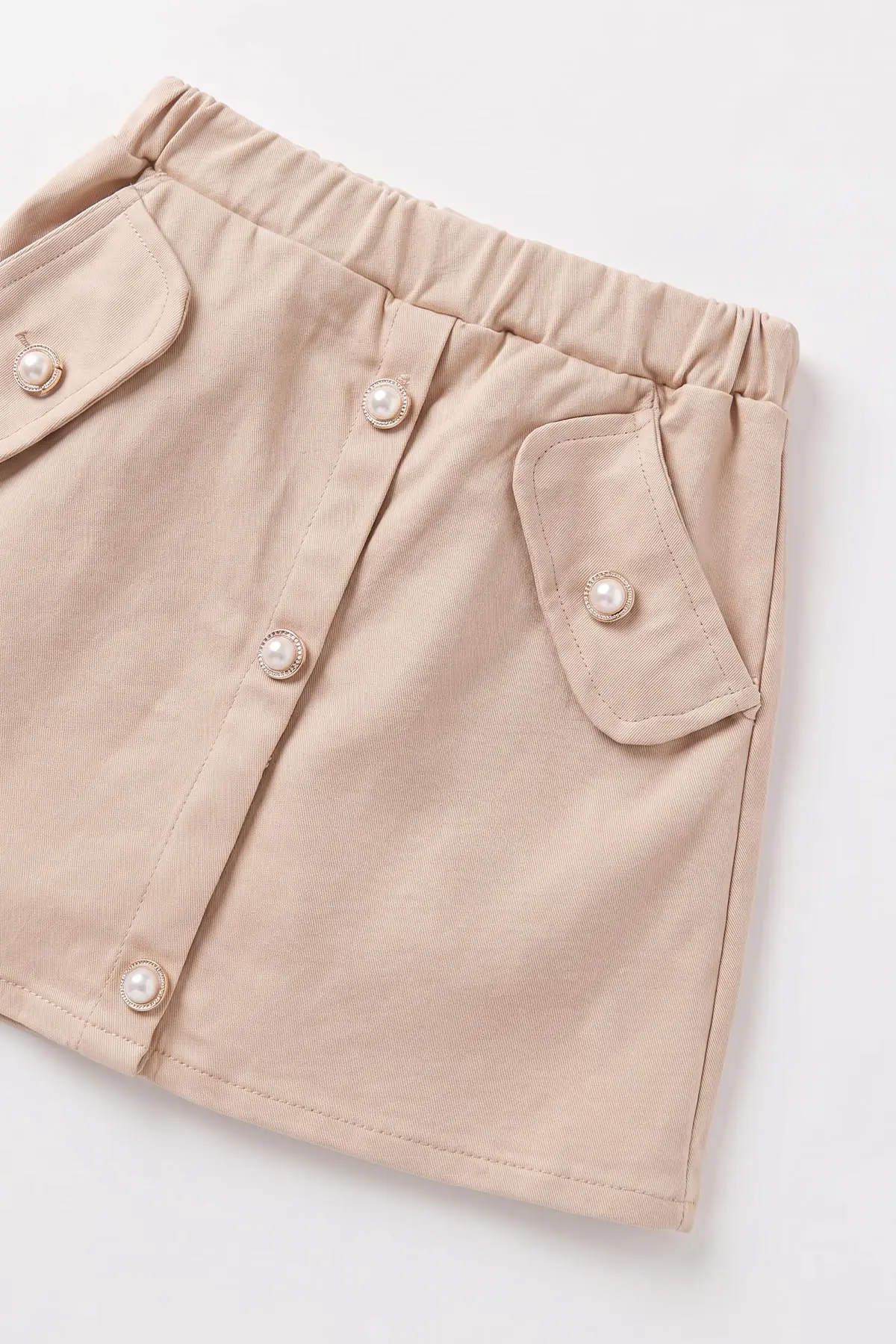 Bej (2-6 Yaş) Gabardin Şort Etekli  Peluş Yelekli Kız Çocuk 3'lü Takım 491156