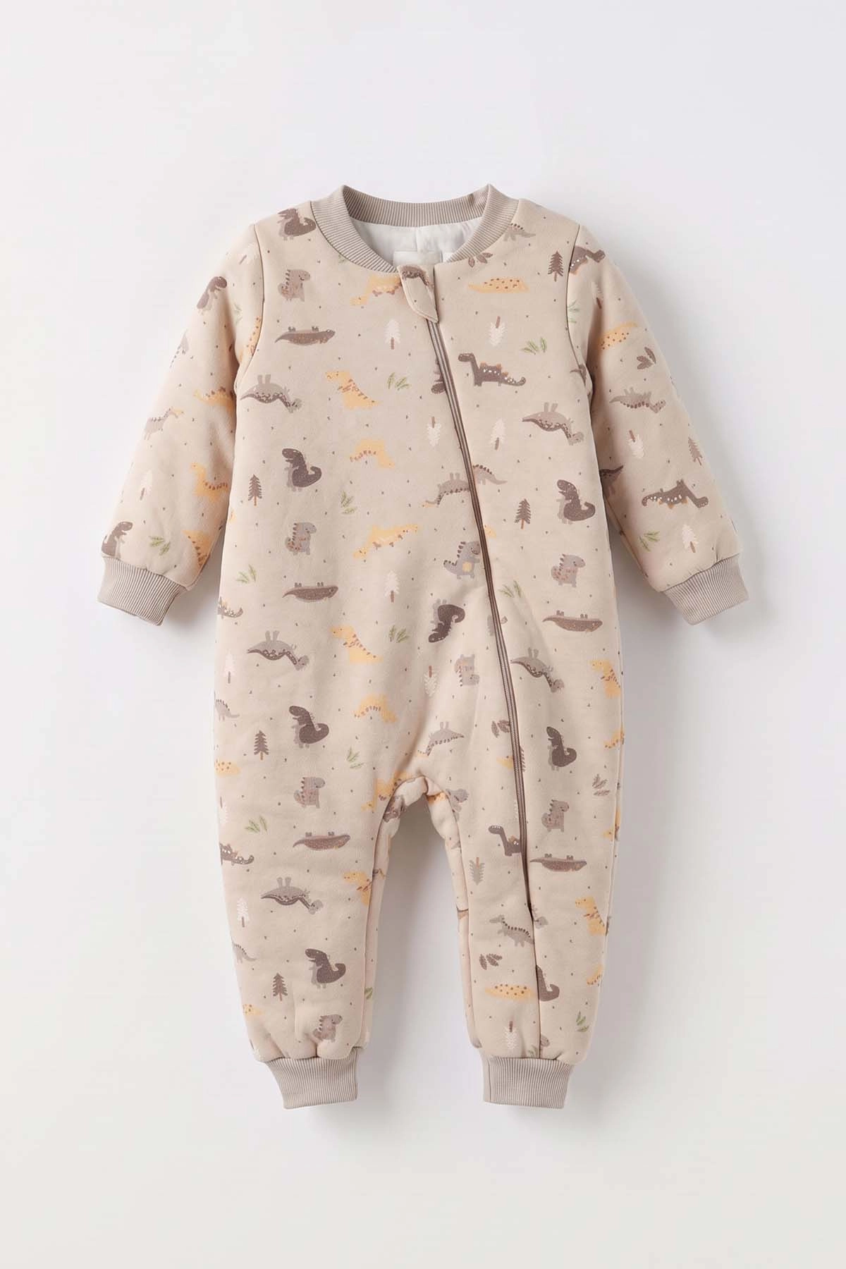 Bej (2-6 Yaş)Dinozor Desenli Çapraz Fermuarlı Çocuk Uyku Tulumu 490038