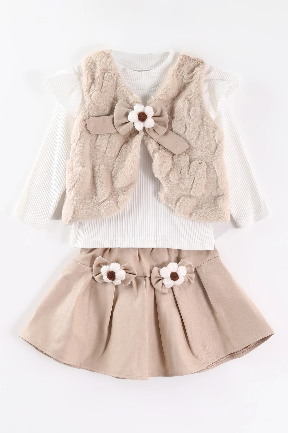 Bej (2-6 Yaş)Gabardin Etekli Peluş Yelekli Kız Çocuk 3'lü Takım 500252