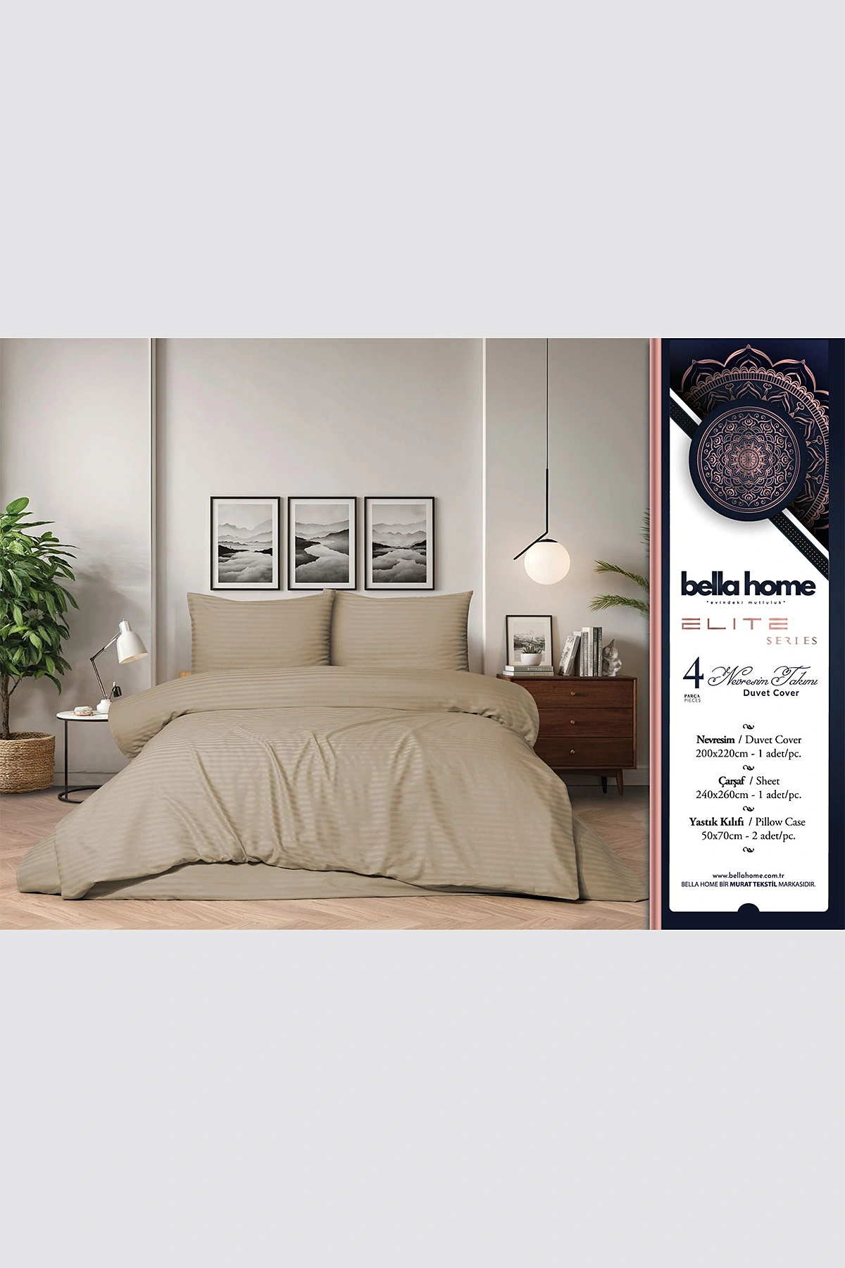 Bej 200x220 Cm Bella Home Çift Kişilik Çizgili Saten Nevresim Takımı 446775