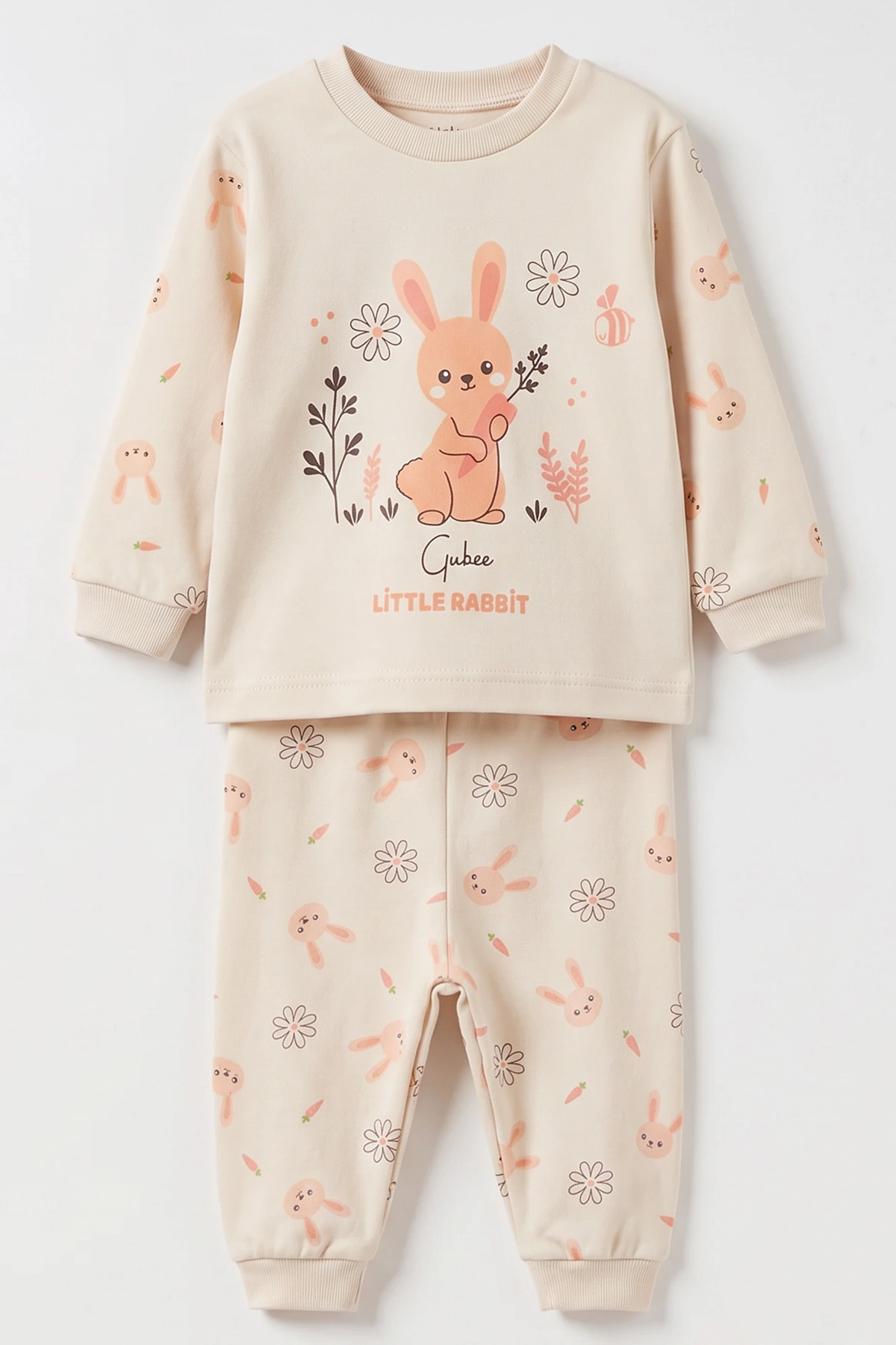 Bej (3-12 Ay) Little Rabbit Baskılı Penye Kız Bebek Pijama Takım 500323