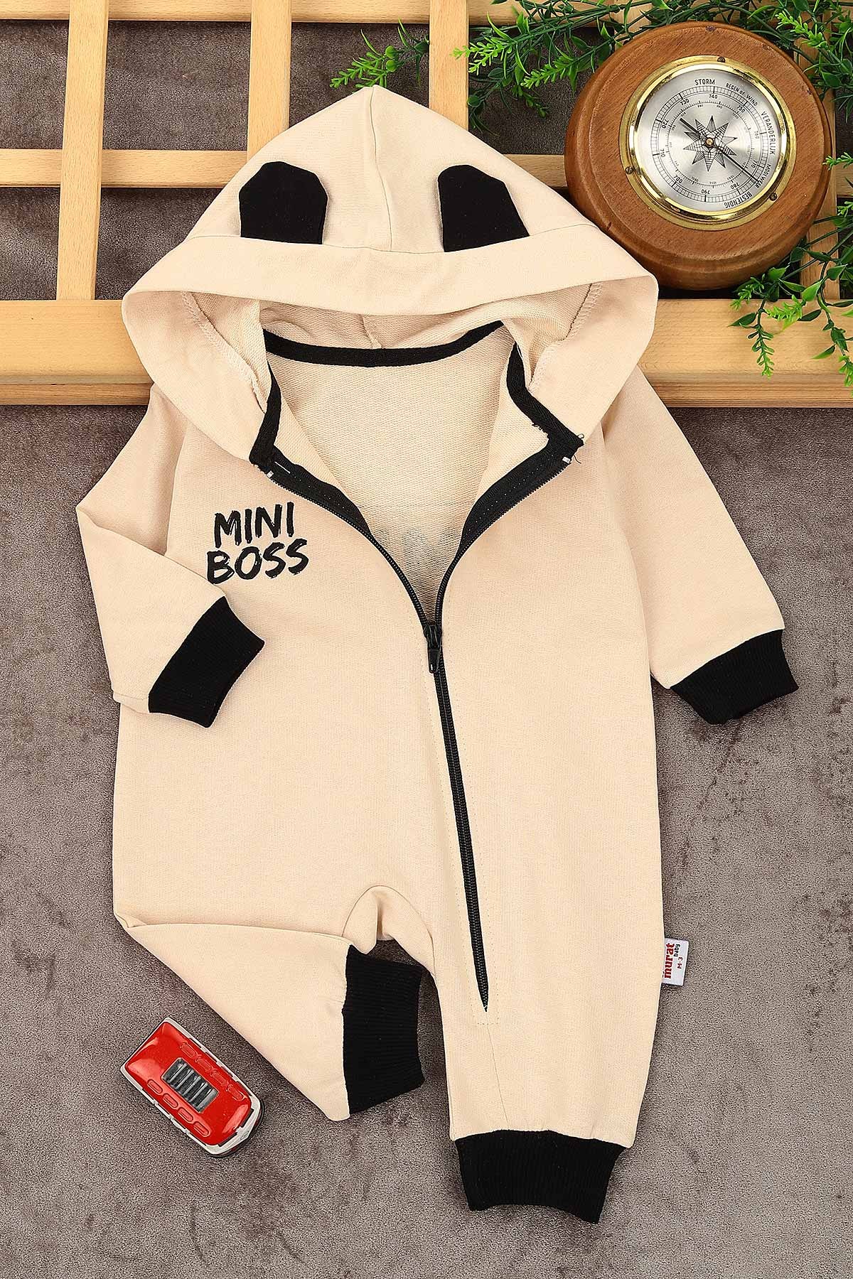 Bej (3-12 Ay) Mini Boss Baskılı Fermuarlı Erkek Çocuk Tulum 152382