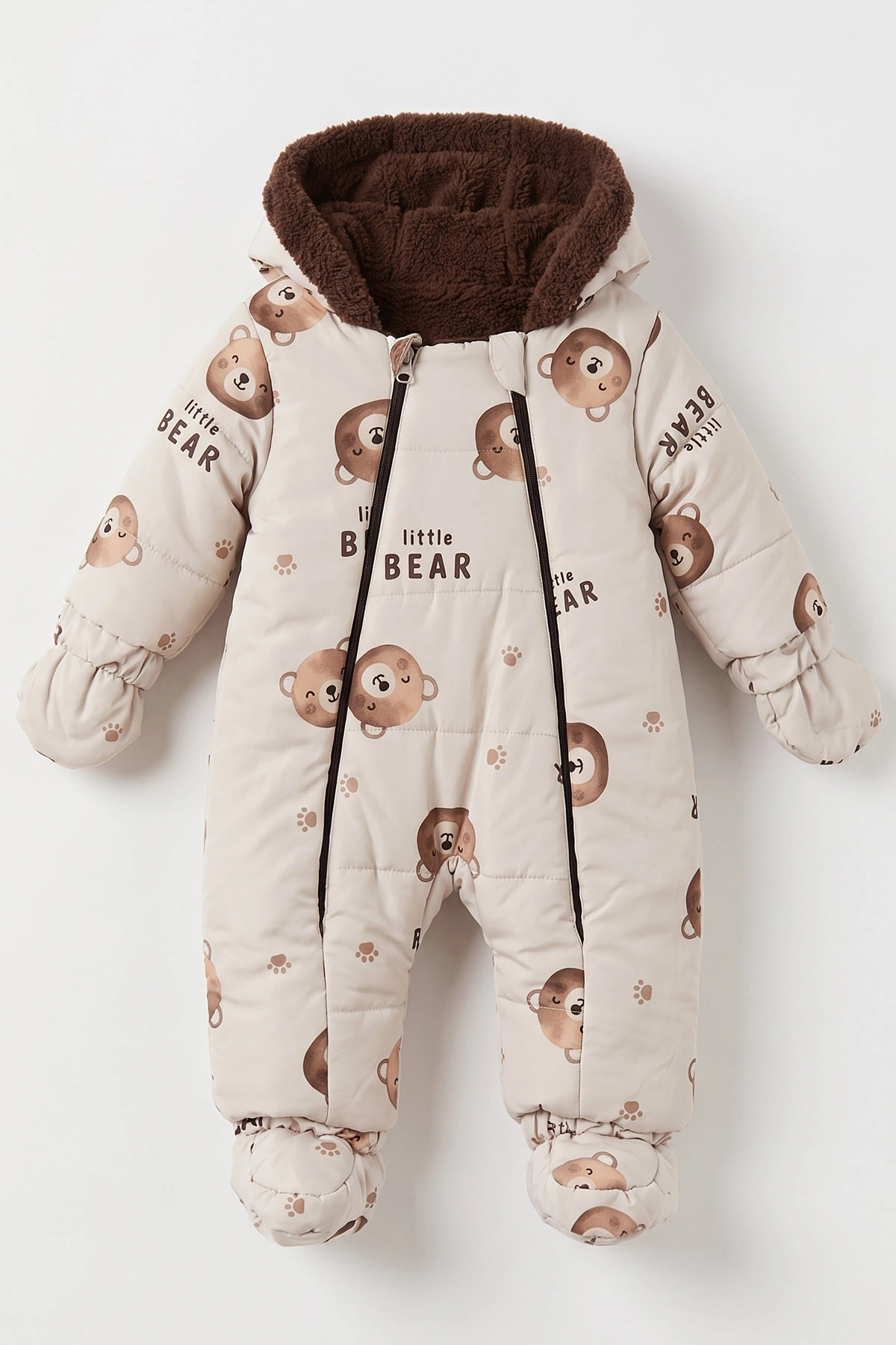 Bej (3-18 Ay)  Little Bear Desenli İçi Kürklü Çıkarılabilir Patik ve Eldivenli Kapüşonlu Bebek Kozmonot Astronot Tulum 496427