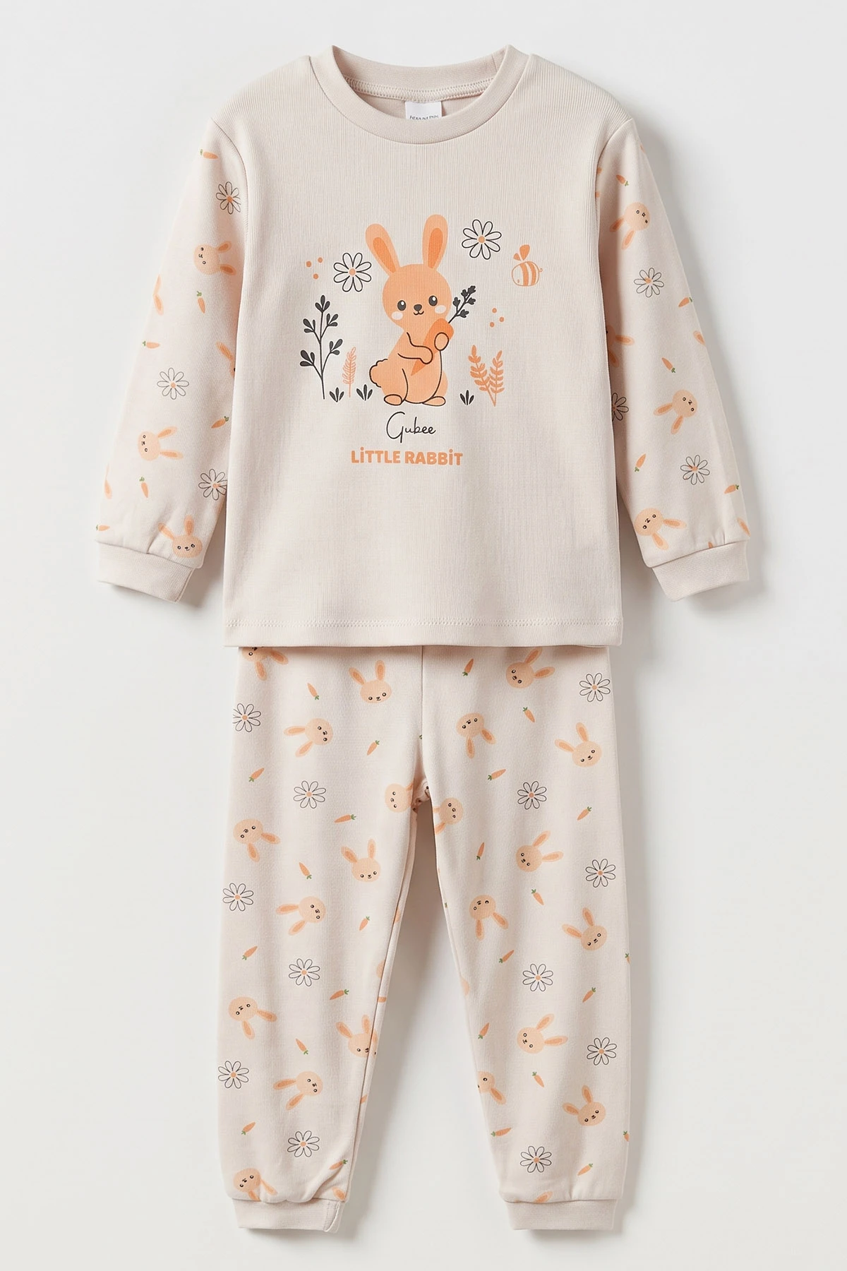 Bej (3-6 Yaş ) Little Rabbit Baskılı Penye Kız Çocuk  Pijama Takım 500337