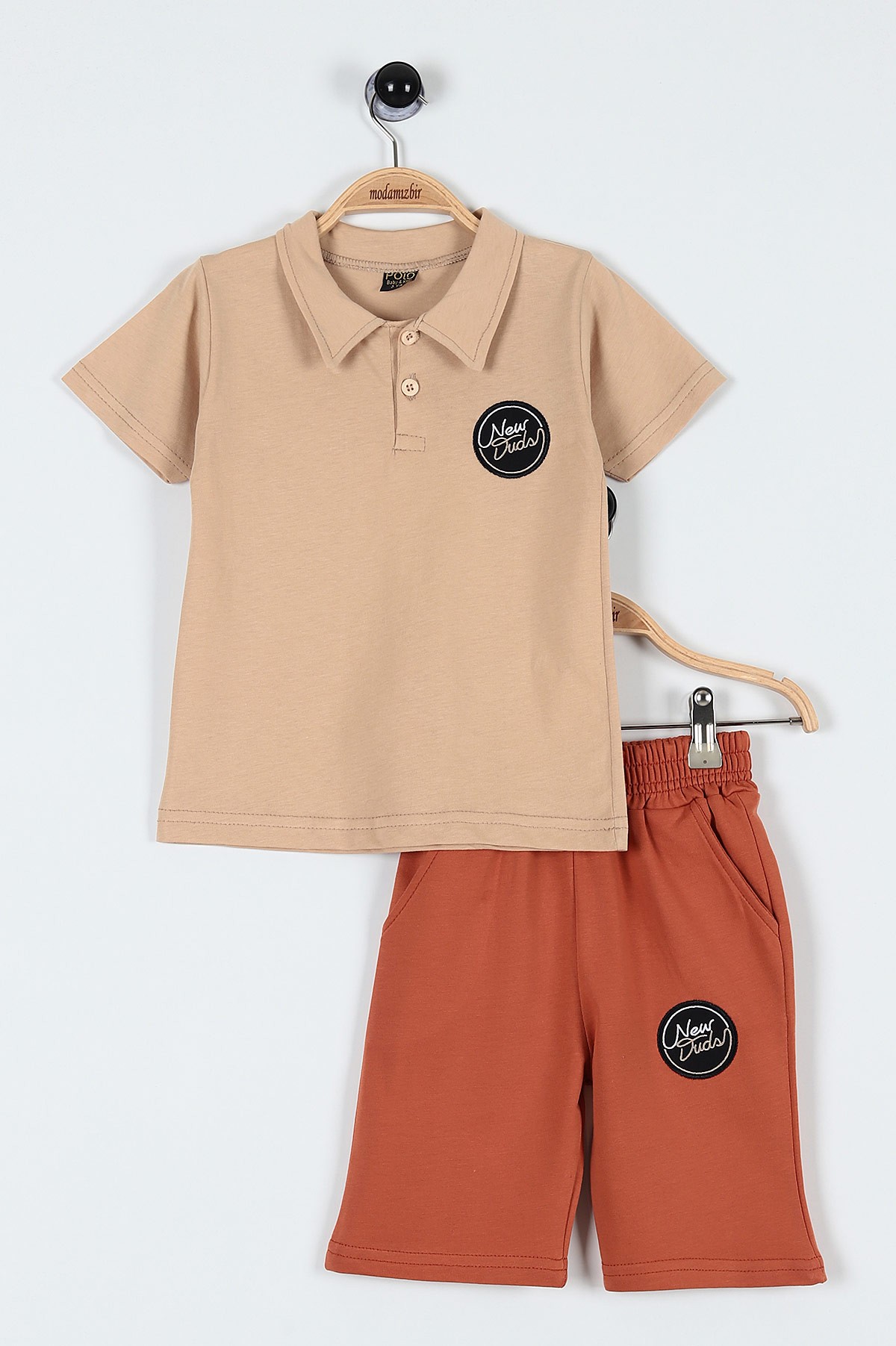Bej (3-6 Yaş) New Duds Nakışlı Yakalı Düğme Detaylı Erkek Bebe Takım 183590