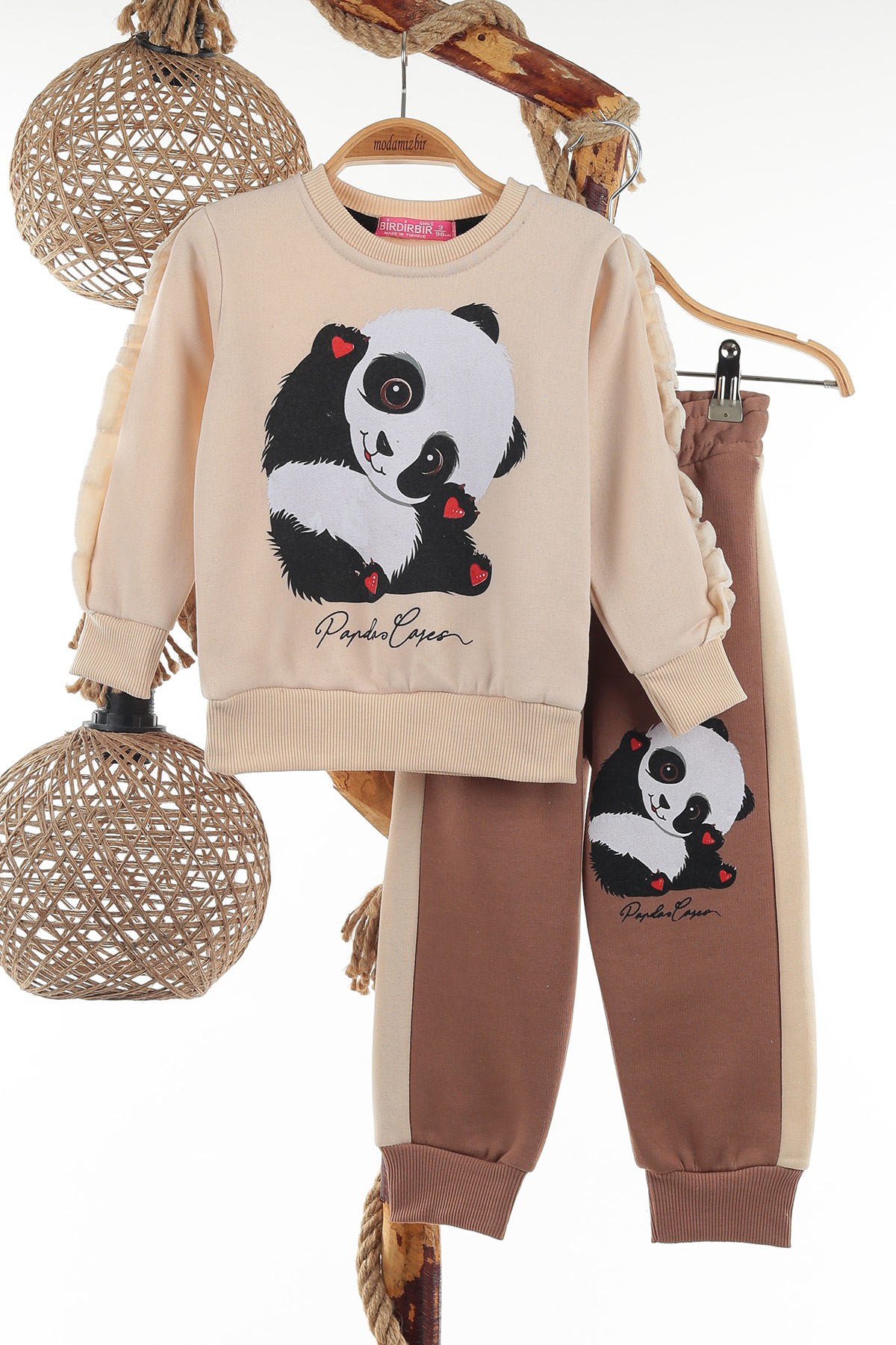 Bej (3-6 Yaş) Panda Baskılı Üç İp Şardonlu Kız Çocuk Takım 138946