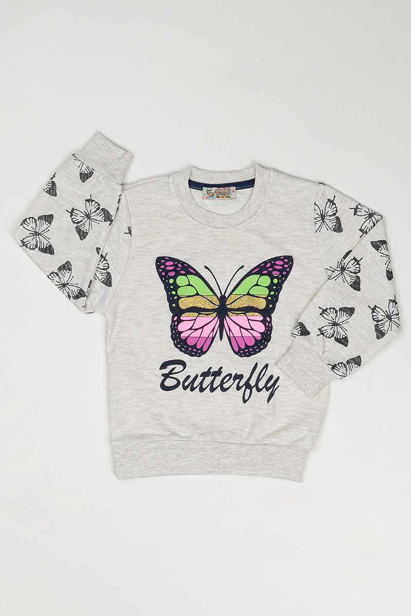 Bej (3-7 Yaş) Kelebek Baskılı Kız Çocuk SweatShirt 90352