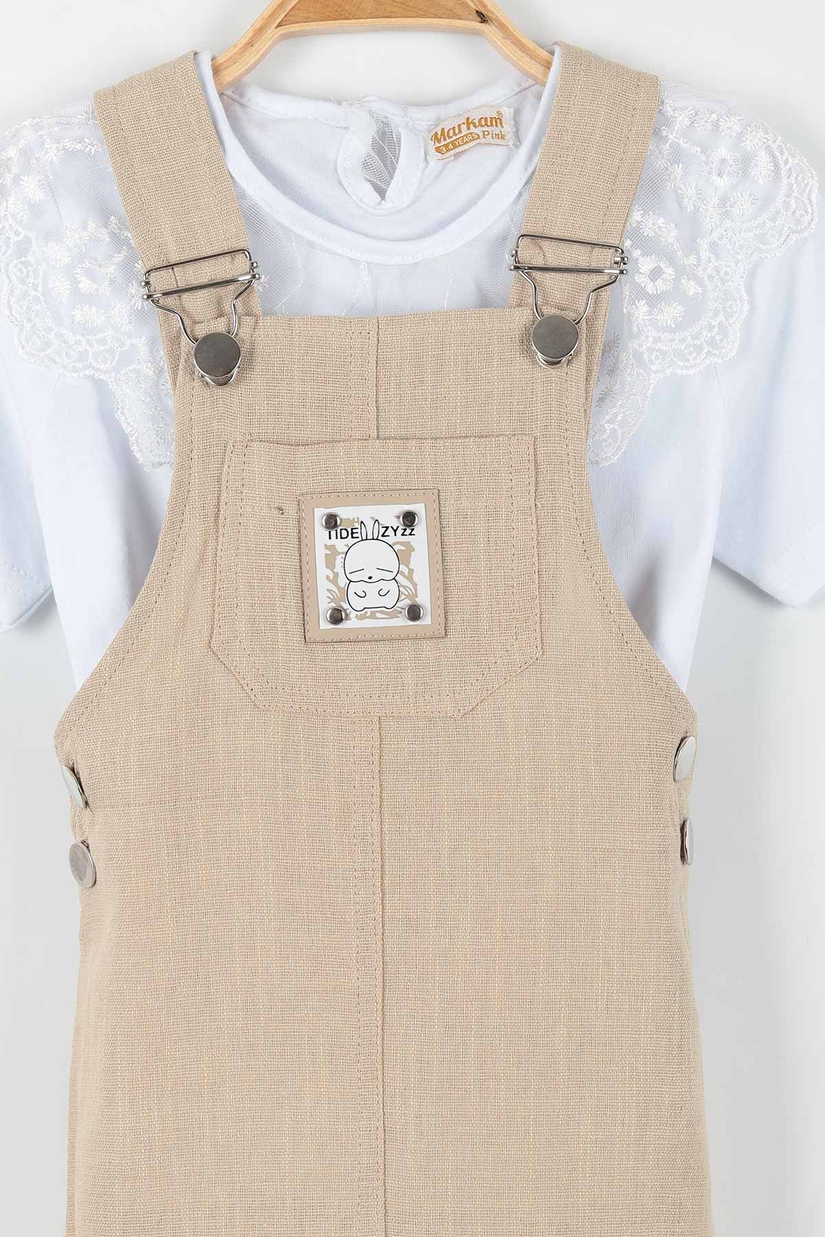 Bej (3-7 Yaş) Tavşan Kokartlı Boyun Dantelli Askılı Kız Çocuk Takım 174953