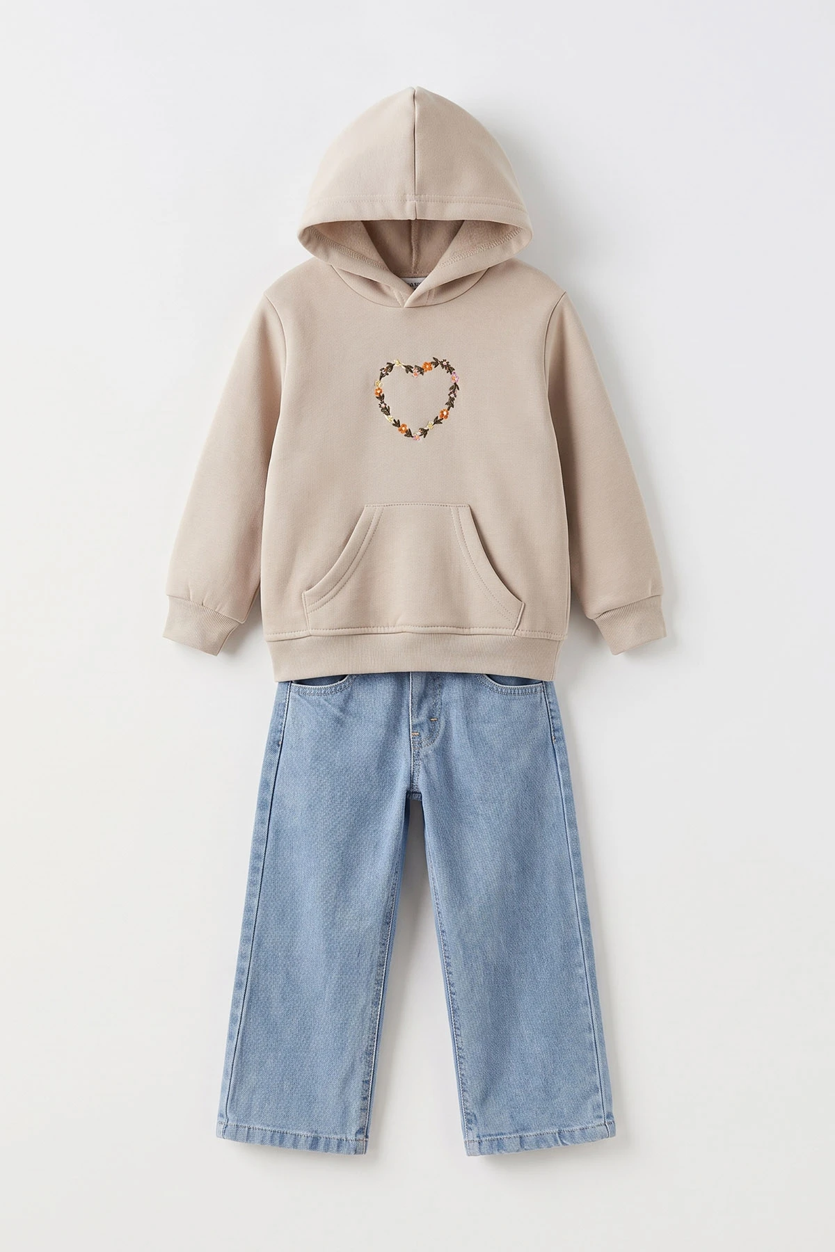 Bej (4-12 Yaş) 3 İplik Şardonlu Sweatshirt Kot Pantolon Kız Çocuk İkili Takım 497600