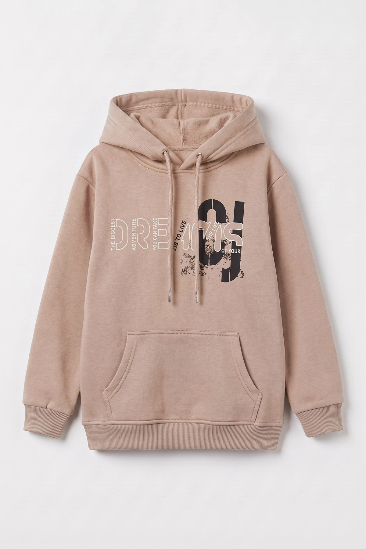 Bej (4-12 Yaş) Dreams Baskılı Kapüşonlu ve Kanguru Cepli  3 İp Şardonlu Erkek Çocuk Sweatshirt 496867