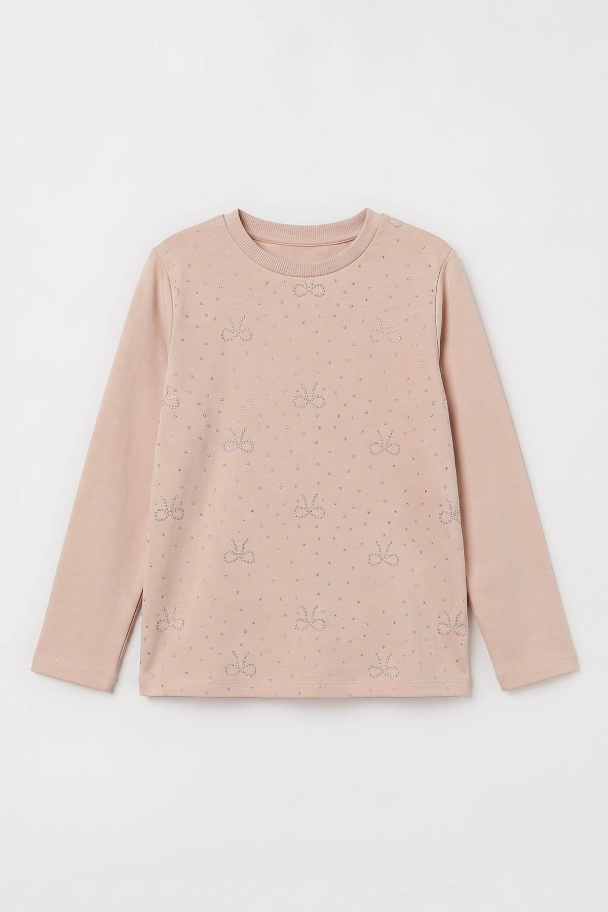 Bej (4-12 Yaş) Fiyonk Taş Baskılı İçi Şardonlu Kız Çocuk Sweatshirt 498566