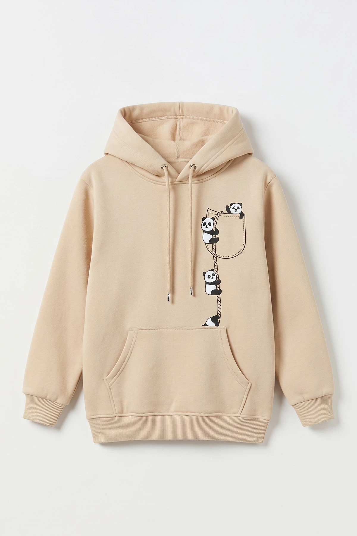 Bej (4-12 Yaş) Panda Baskılı Kapüşonlu ve Kanguru Cepli 3 İp Şardonlu  Kız Çocuk Sweatshirt 497533