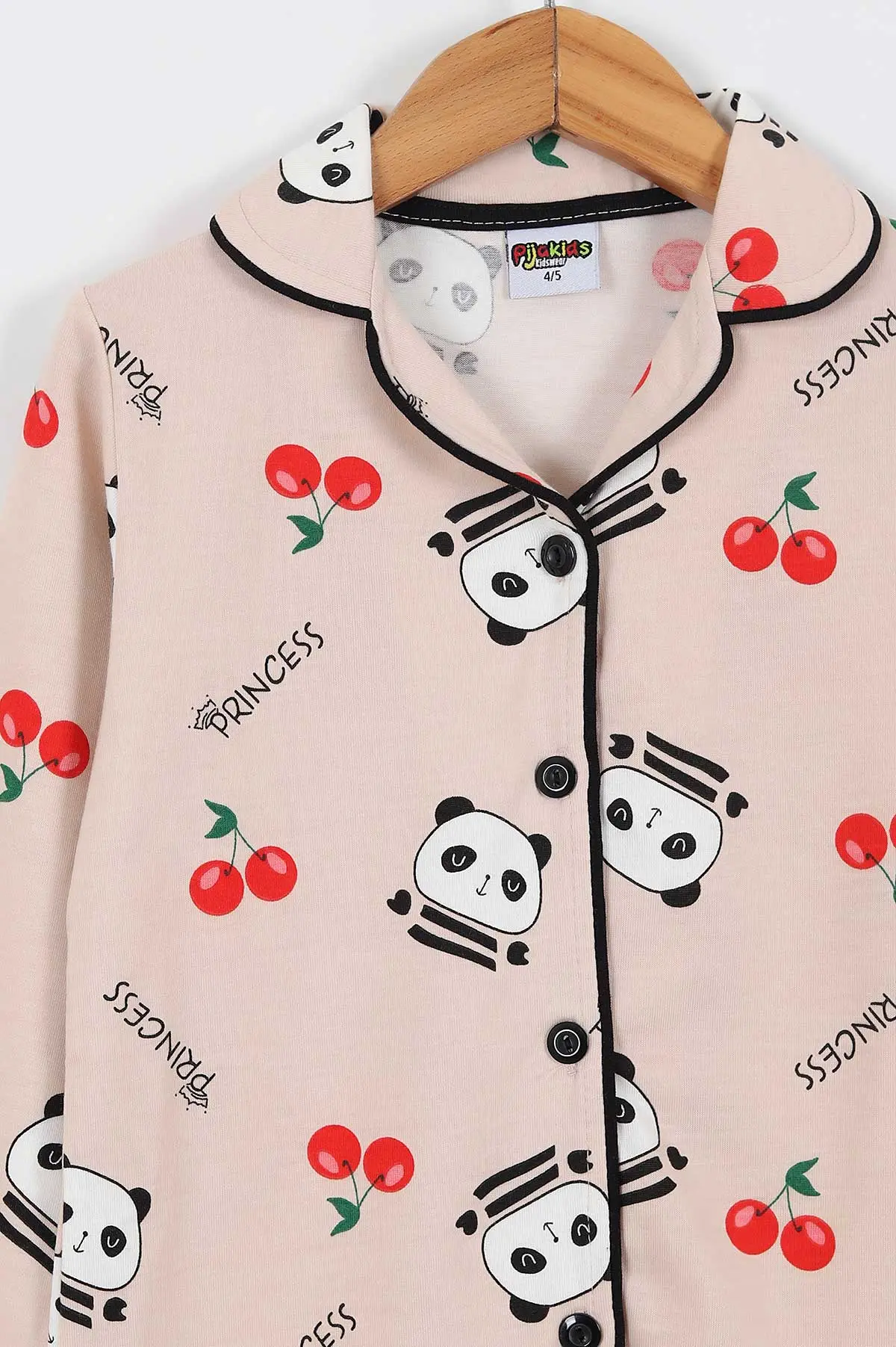 Bej (4-12 Yaş)Kiraz  Baskılı Ön Düğmeli Göz Bandı Detaylı Kız Çocuk Pijama Takım 337915