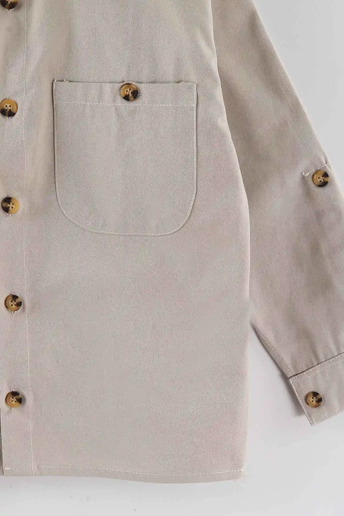 Bej (4-13 Yaş)  Çift Cepli Oversize Kalıp Erkek Çocuk Gabardin Gömlek 442186