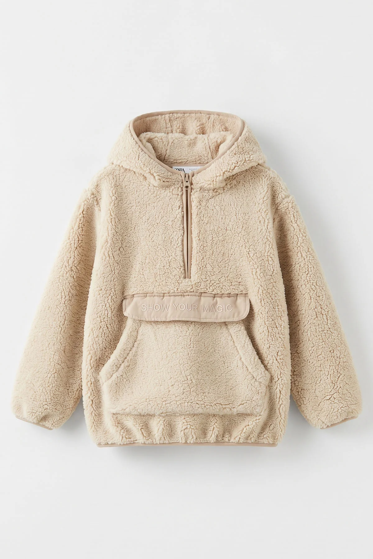 Bej (4-8 Yaş) Nakışlı Kapüşonlu Kanguru Cepli Yarım Fermuarlı Kuzu Kız &Bebek Çocuk Sweatshirt 496559