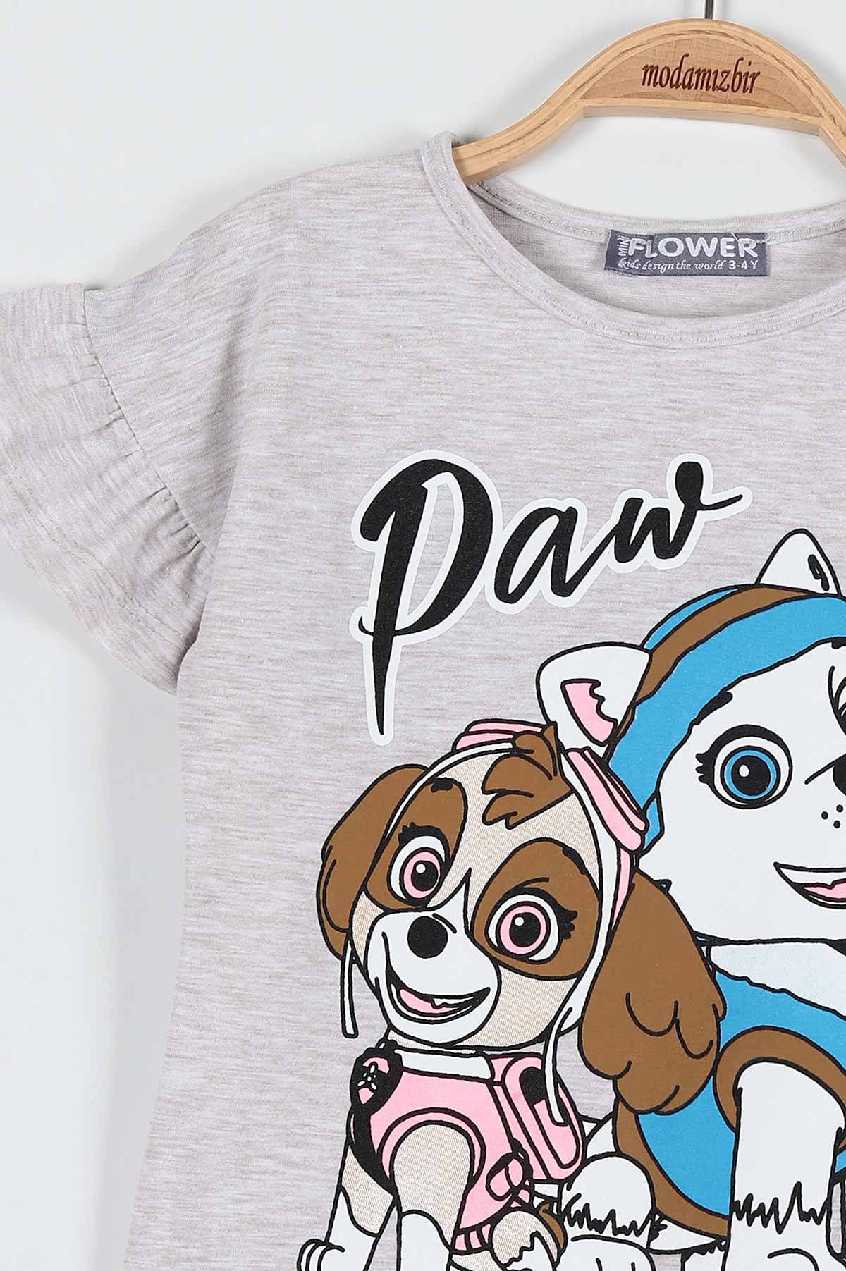 Bej (4-8 Yaş) Paw Köpek Baskılı Şortlu Kol Fırfırlı Kız Çocuk Takım 183548