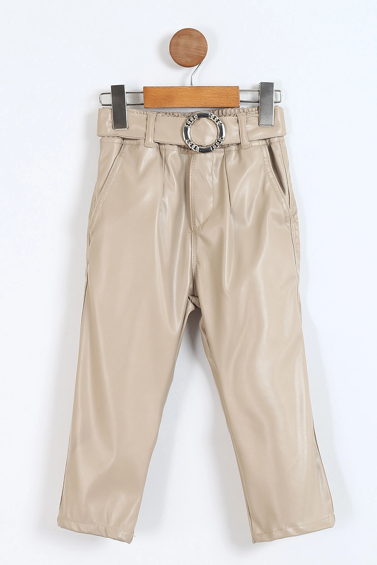 Bej (4-9 Yaş) Bel Lastikli Tokalı Kemer Detaylı Deri Kız Çocuk Pantolon 328085