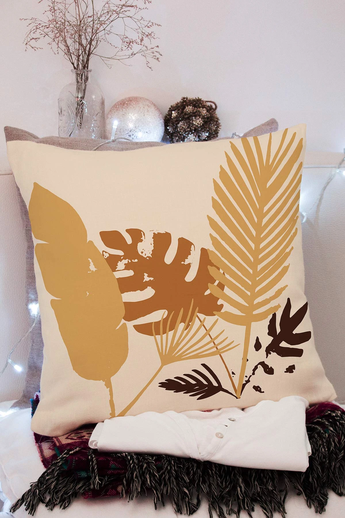 Bej 43x43 Dijital Baskılı Fermuarlı Modern Kırlent Kılıfı 272390