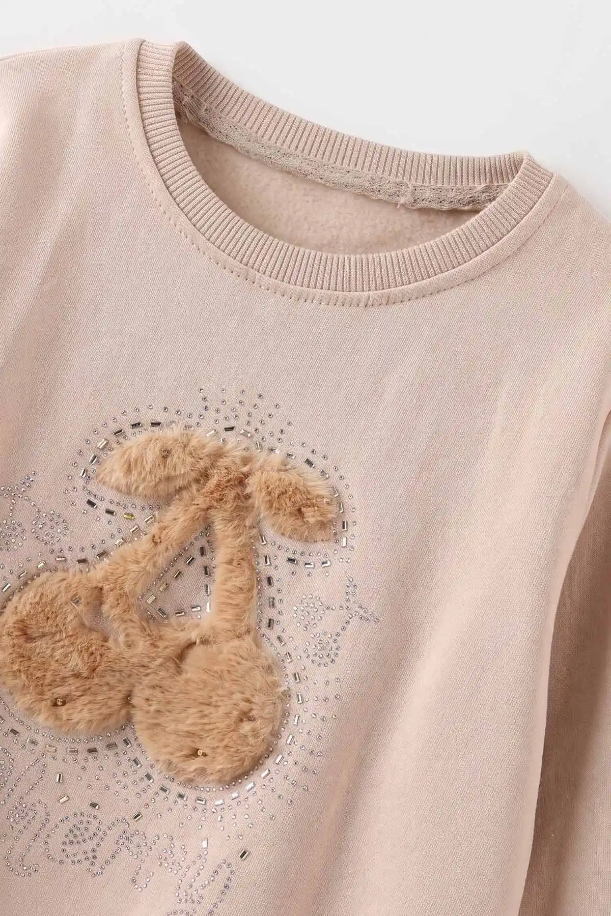 Bej (5-13 Yaş) Kiraz Nakışlı Taşlı  İçi Şardonlu Kız Çocuk Sweatshirt 487443