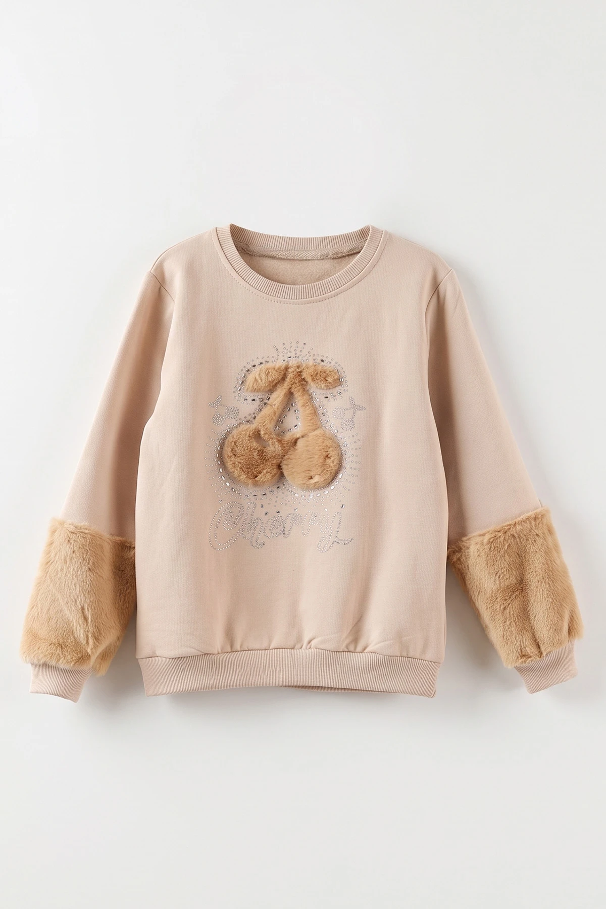 Bej (5-13 Yaş) Kiraz Nakışlı Taşlı İçi Şardonlu Kız Çocuk Sweatshirt 487443