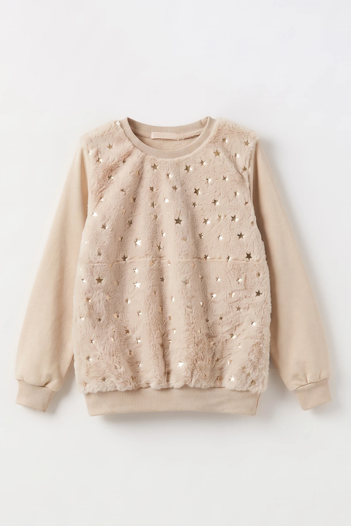 Bej (5-13 Yaş) Önü Yıldızlı  Peluşlu İçi Hafif   Şardonlu Kız Çocuk Sweatshirt 489286