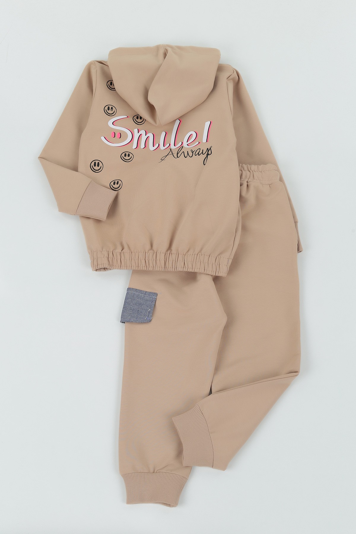 Bej (5-8 Yaş)Smile Baskılı Cep Detay Kapüşonlu Kız Çocuk Mevsimlik Takım 133527
