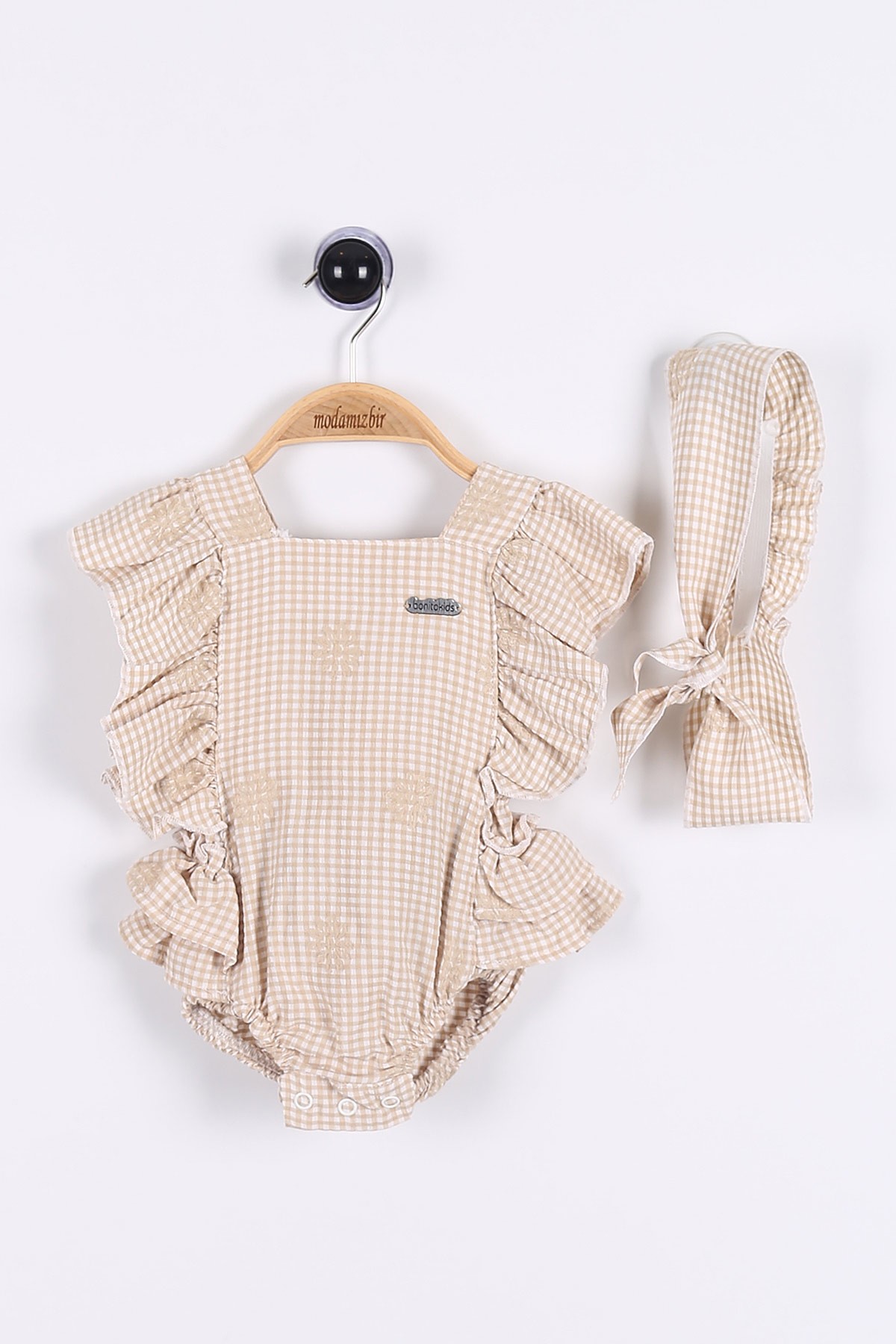 Bej (6-18 Ay) Papatya Nakışlı Güpürlü Bandanalı Kız Bebe Tulum 175461