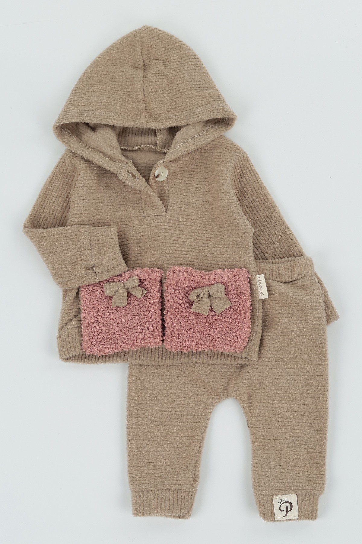 Bej (6-18 ay) Peluş Cepli Kız Çocuk Takım 132707