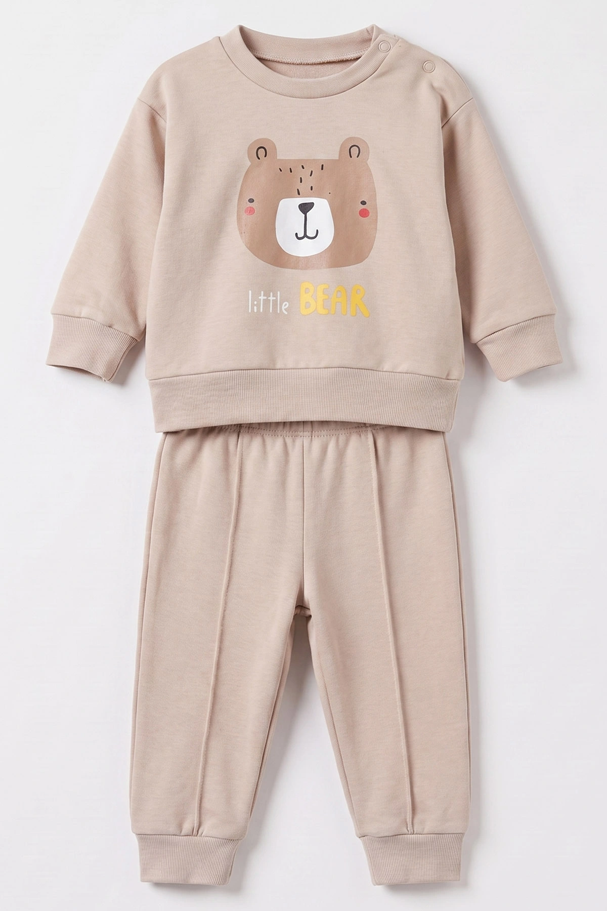 Bej (6-18 Ay)Little Bear Baskılı Çıtçıtlı Çimalı Erkek Bebek Takım 477949