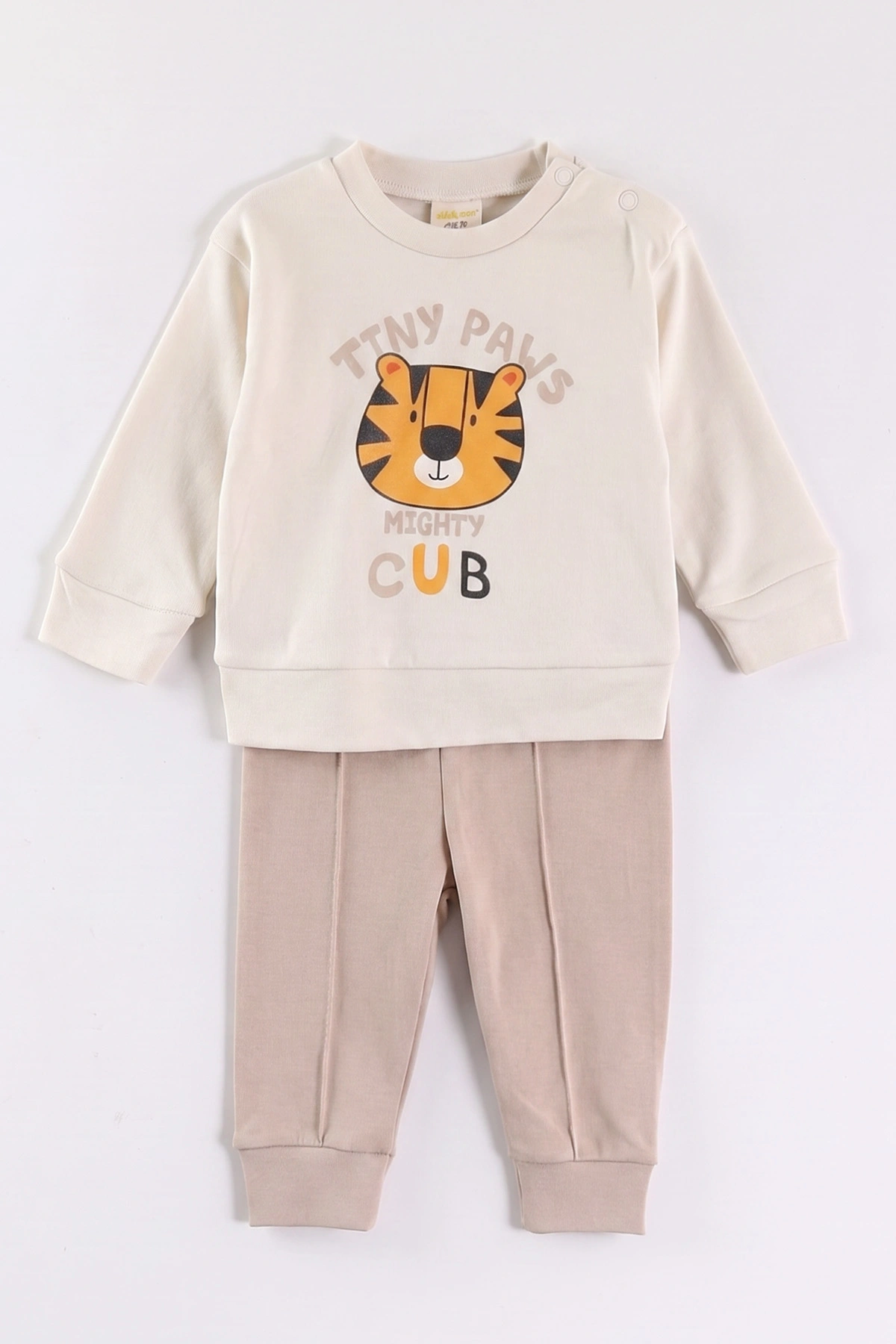 Bej (6-18 Ay)Tiny Paws Baskılı Çıtçıtlı Çimalı Erkek Bebek Takım 477853