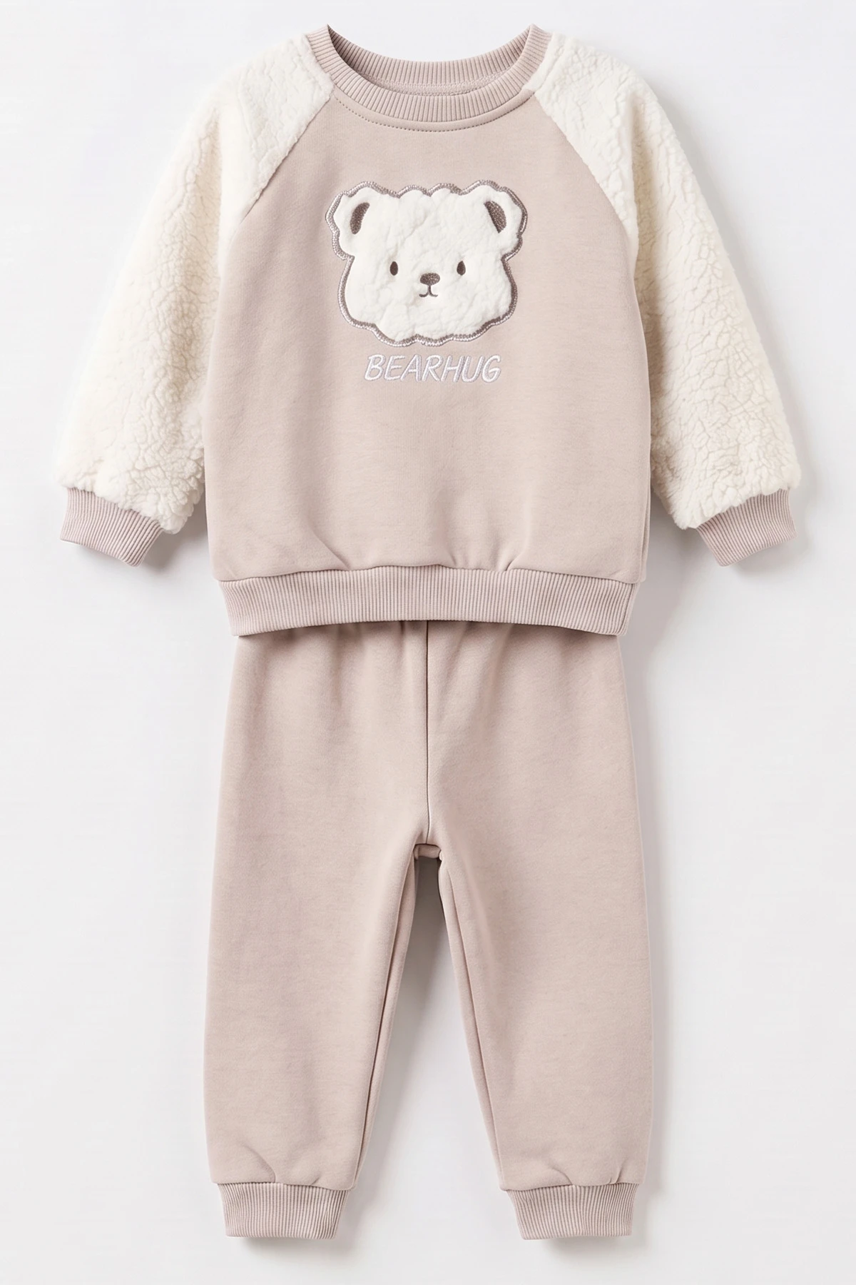 Bej (6-24 Ay) Ayı Nakışlı Kolları Peluş İçi Şardonlu Erkek Bebek Kışlık Takım 493940