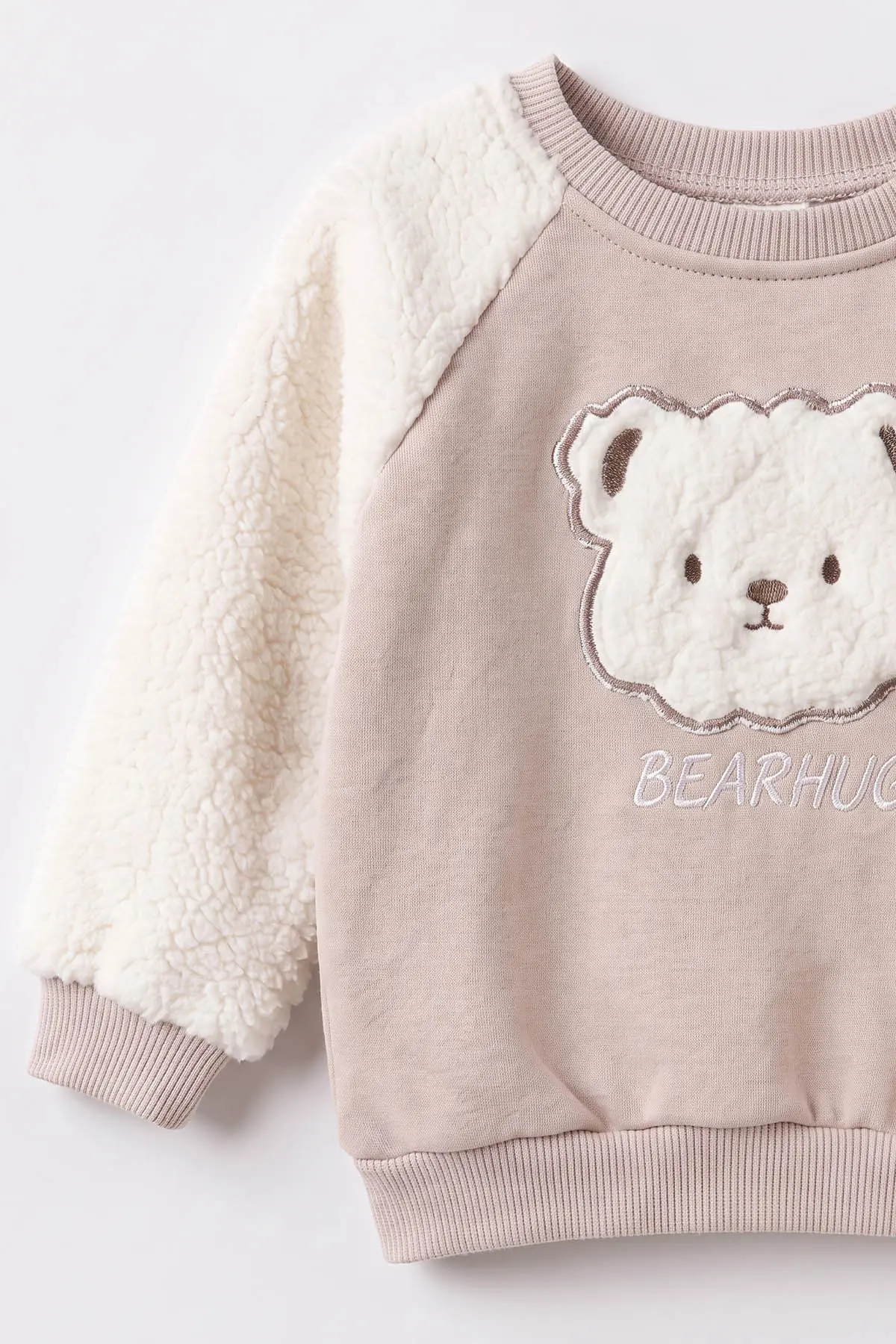 Bej (6-24 Ay) Ayı Nakışlı Kolları Peluş İçi Şardonlu Erkek Bebek Kışlık Takım 493940