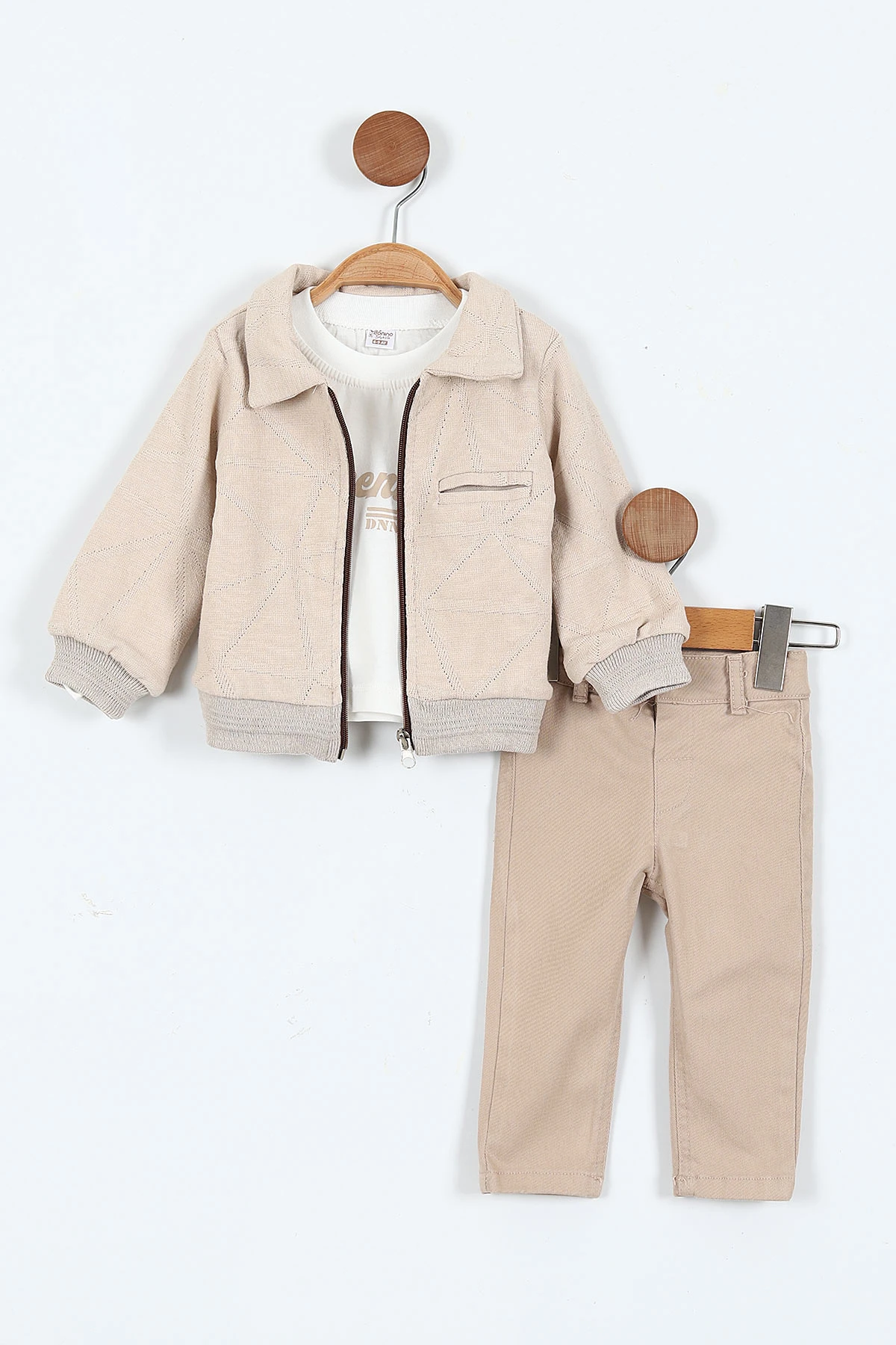 Bej (6-24 Ay) Baskılı Bodyli  Triko Ceketli Gabardin Pantolonlu Erkek Bebek 3'lü Takım 408449