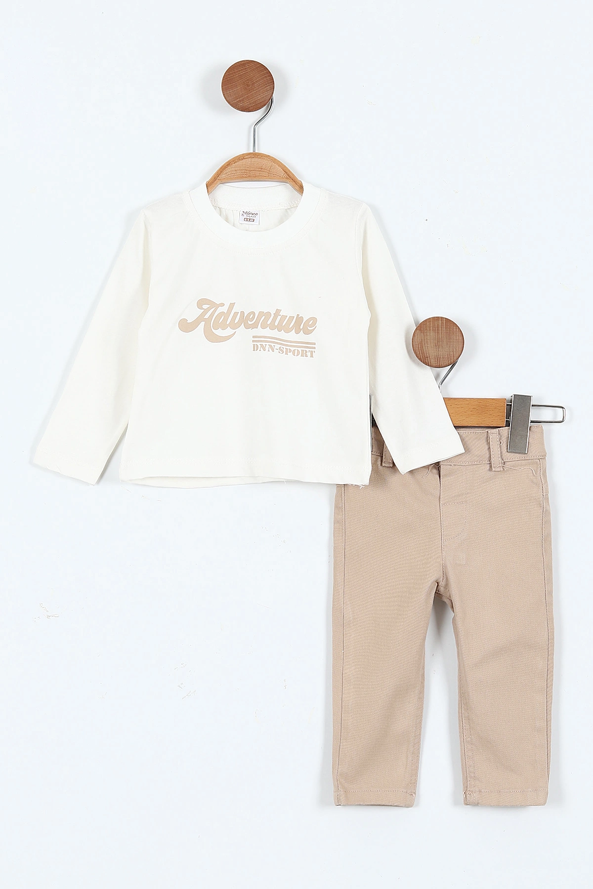 Bej (6-24 Ay) Baskılı Bodyli  Triko Ceketli Gabardin Pantolonlu Erkek Bebek 3'lü Takım 408449
