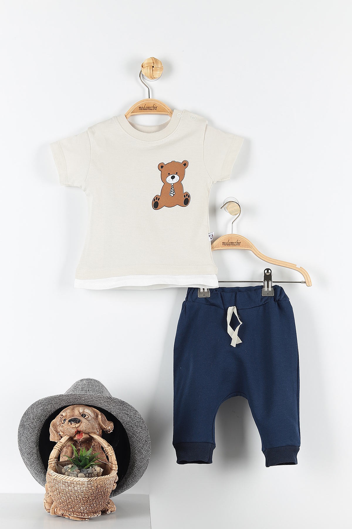 Bej (6-24 Ay) Cute Bear Ayı Baskılı Çıtçıt Detaylı Erkek Çocuk Takım 171412