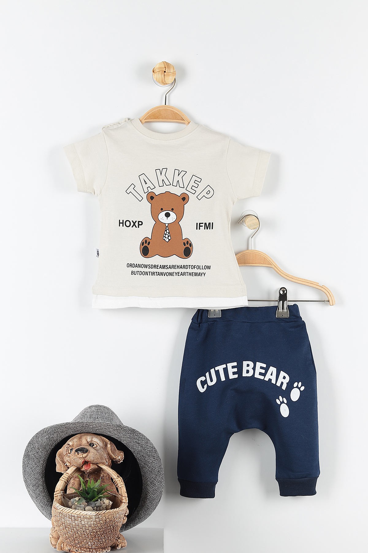 Bej (6-24 Ay) Cute Bear Ayı Baskılı Çıtçıt Detaylı Erkek Çocuk Takım 171412