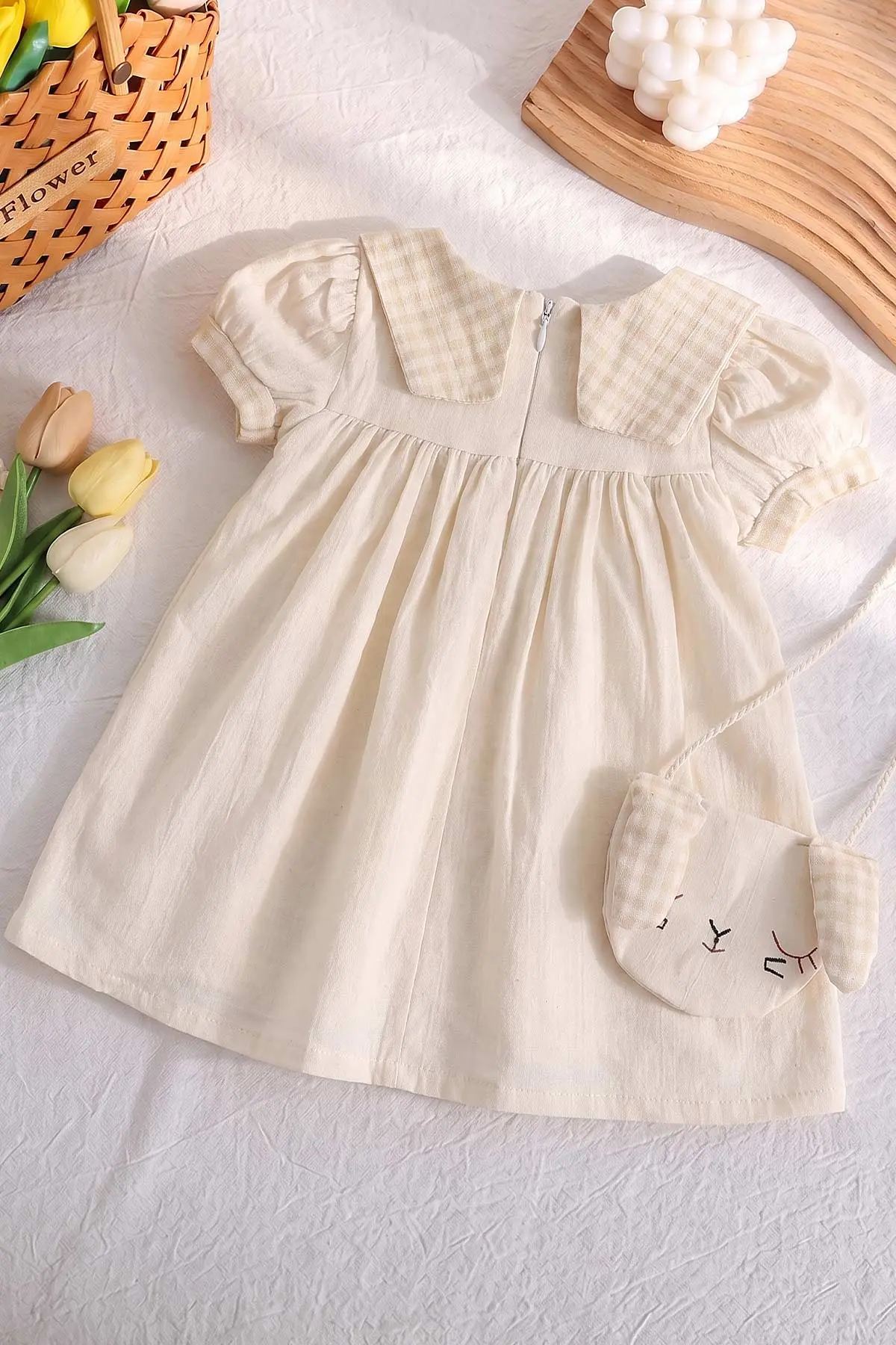 Bej (6-24 Ay) Ekose Yakalı Çantalı Kız Bebek Elbise 470844