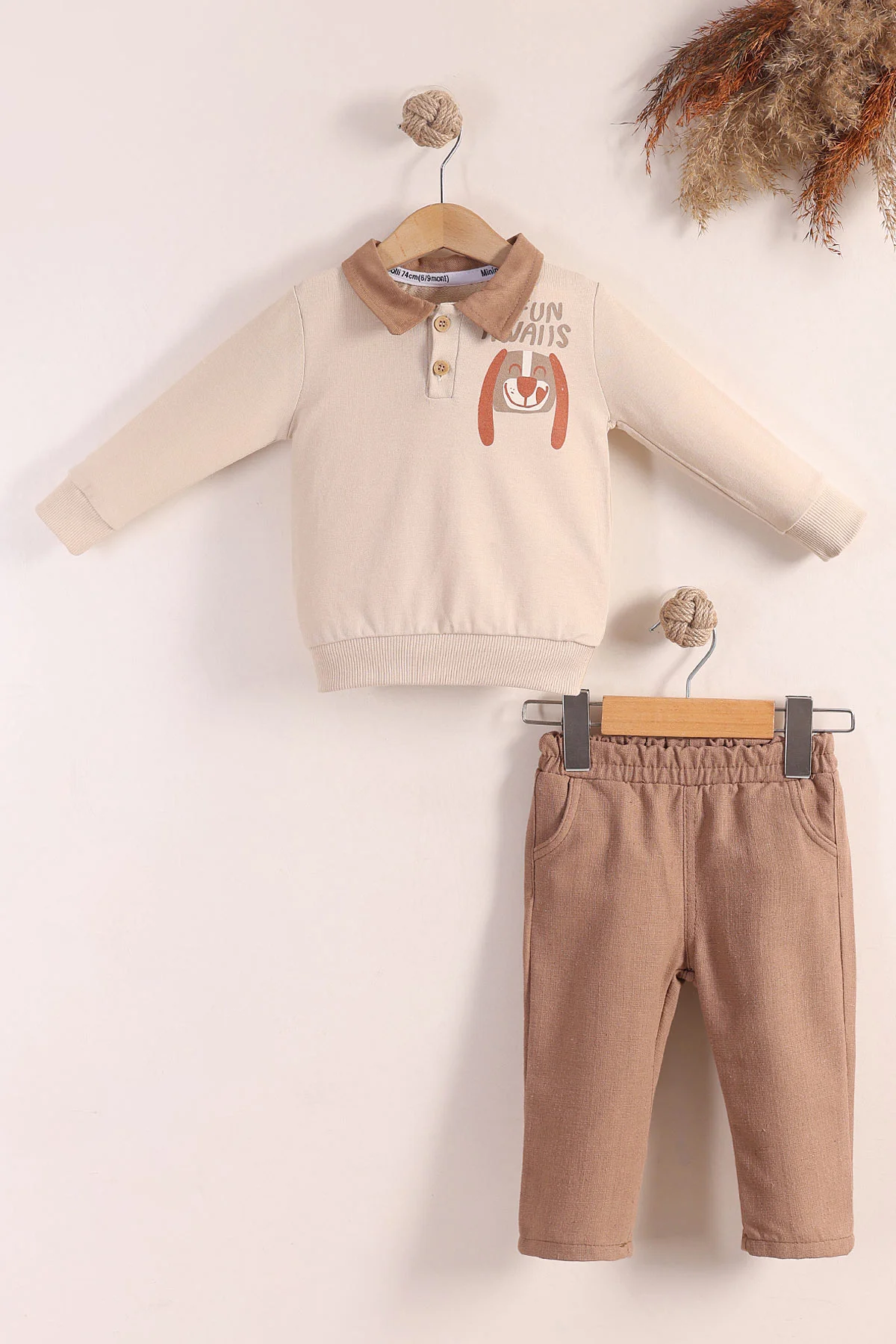 Bej (6-24 Ay) Fun Awais Baskılı Gömlek Yaka Keten Pantolonlu Erkek Bebek 2'li Takım 413443