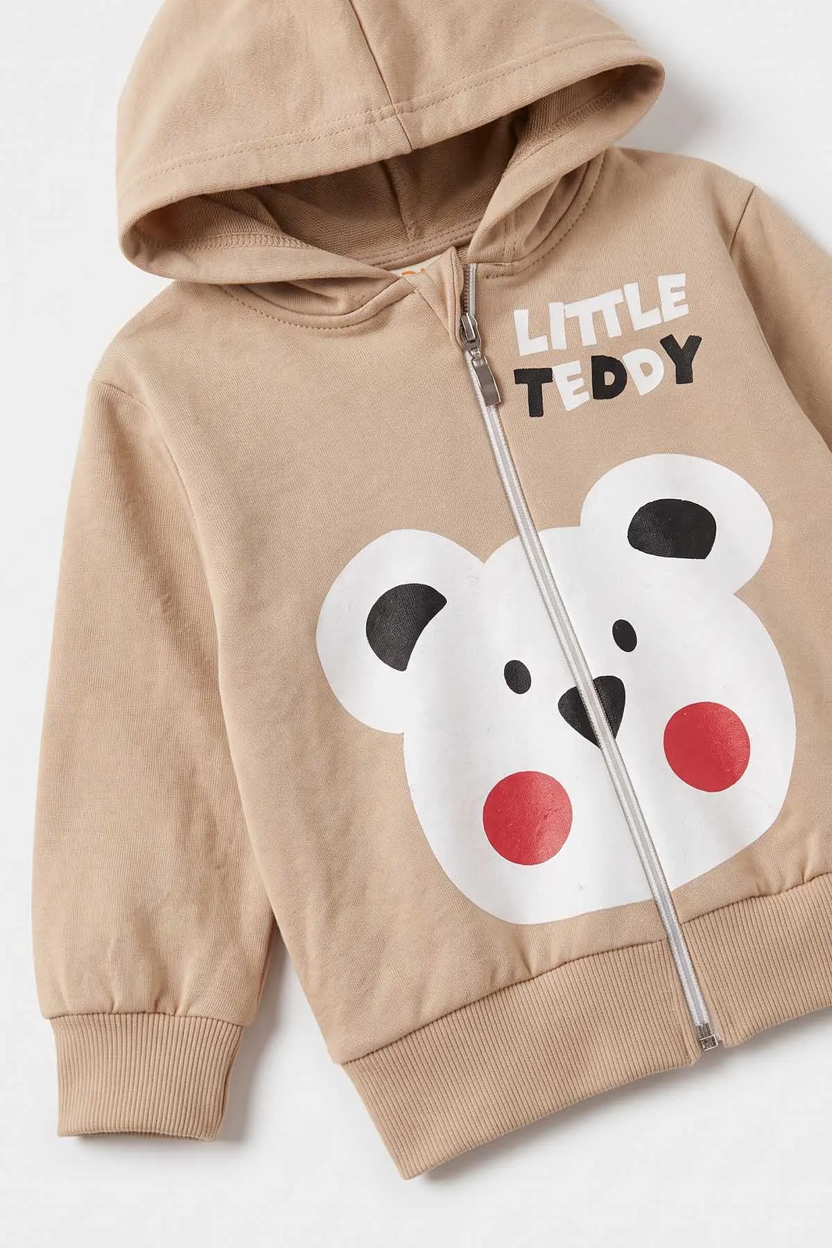 Bej (6-24 Ay) Little Teddy Baskılı Kapüşonlu Fermuarlı Erkek Bebek Takım 473146