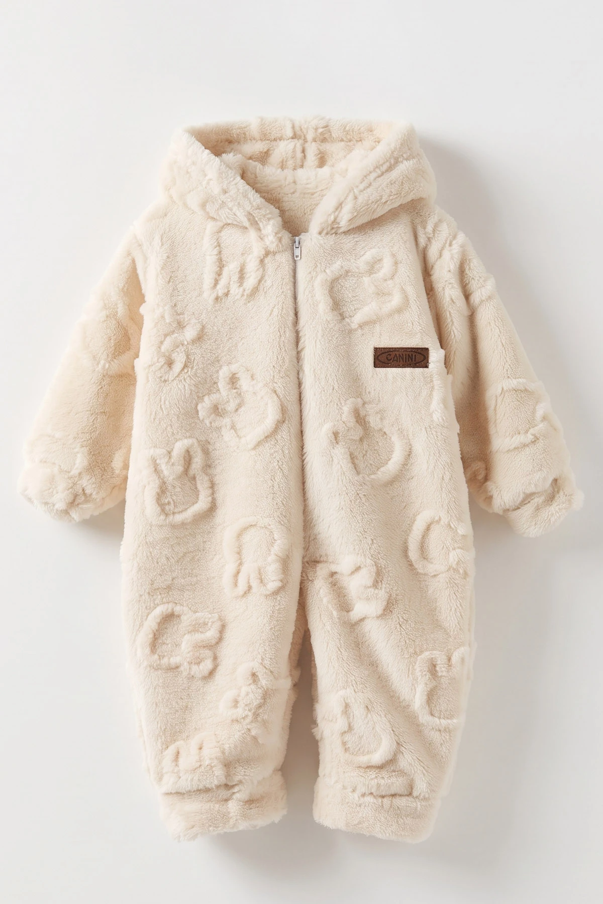 Bej (6-9 Ay) Tavşan Kabartmalı Yumoş Peluş Bebek Tulum 495627